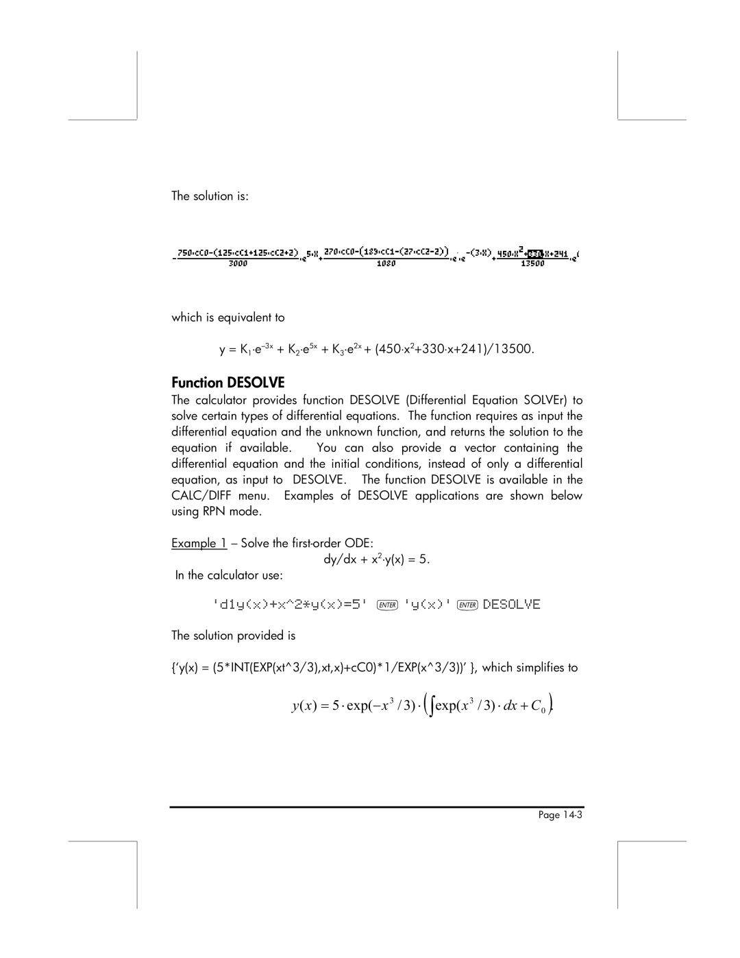 HP 49g manual Function Desolve, Yx = 5 ⋅ exp−x3 / 3 ⋅ expx3 / 3 ⋅ dx + C0 