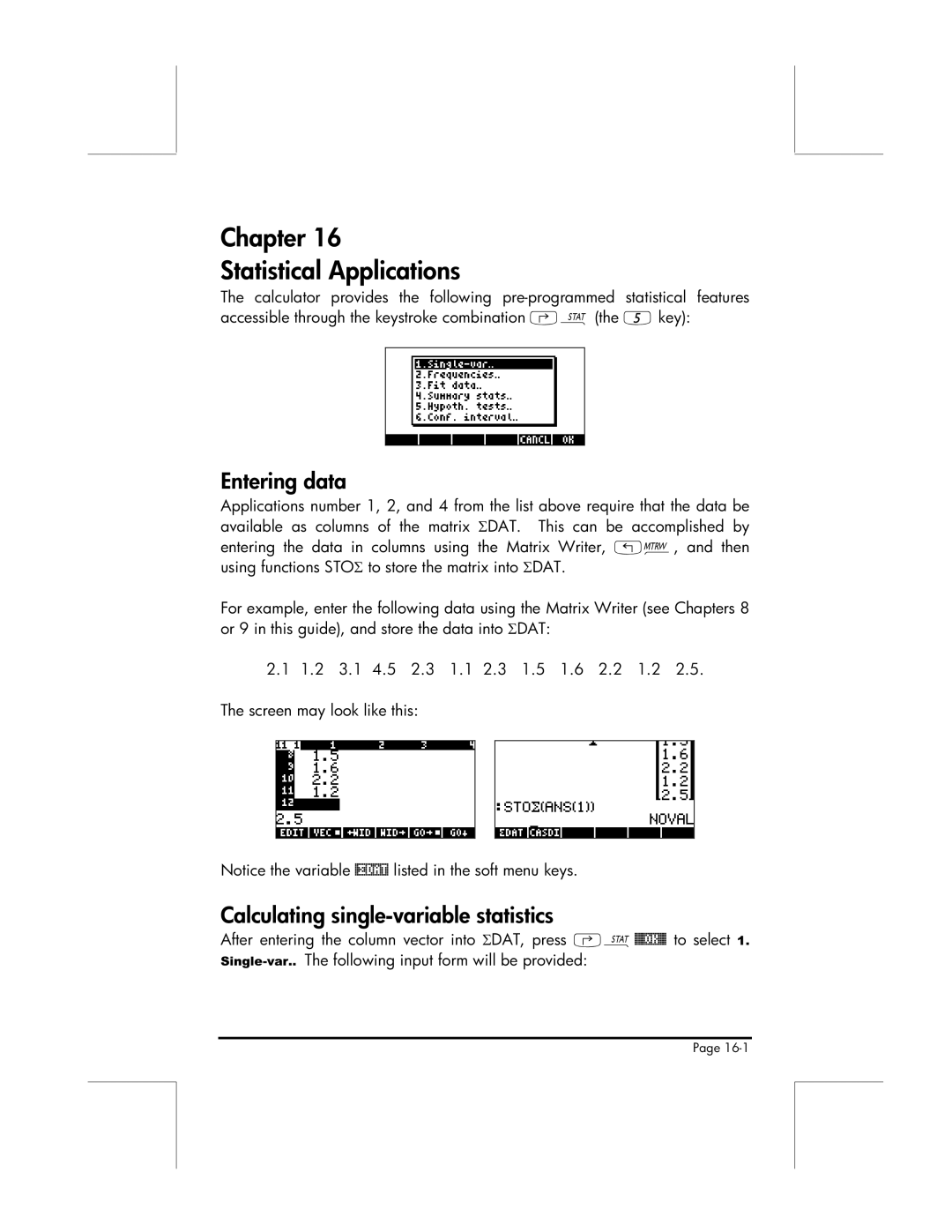 HP 49g manual Chapter Statistical Applications, Entering data, Calculating single-variable statistics 