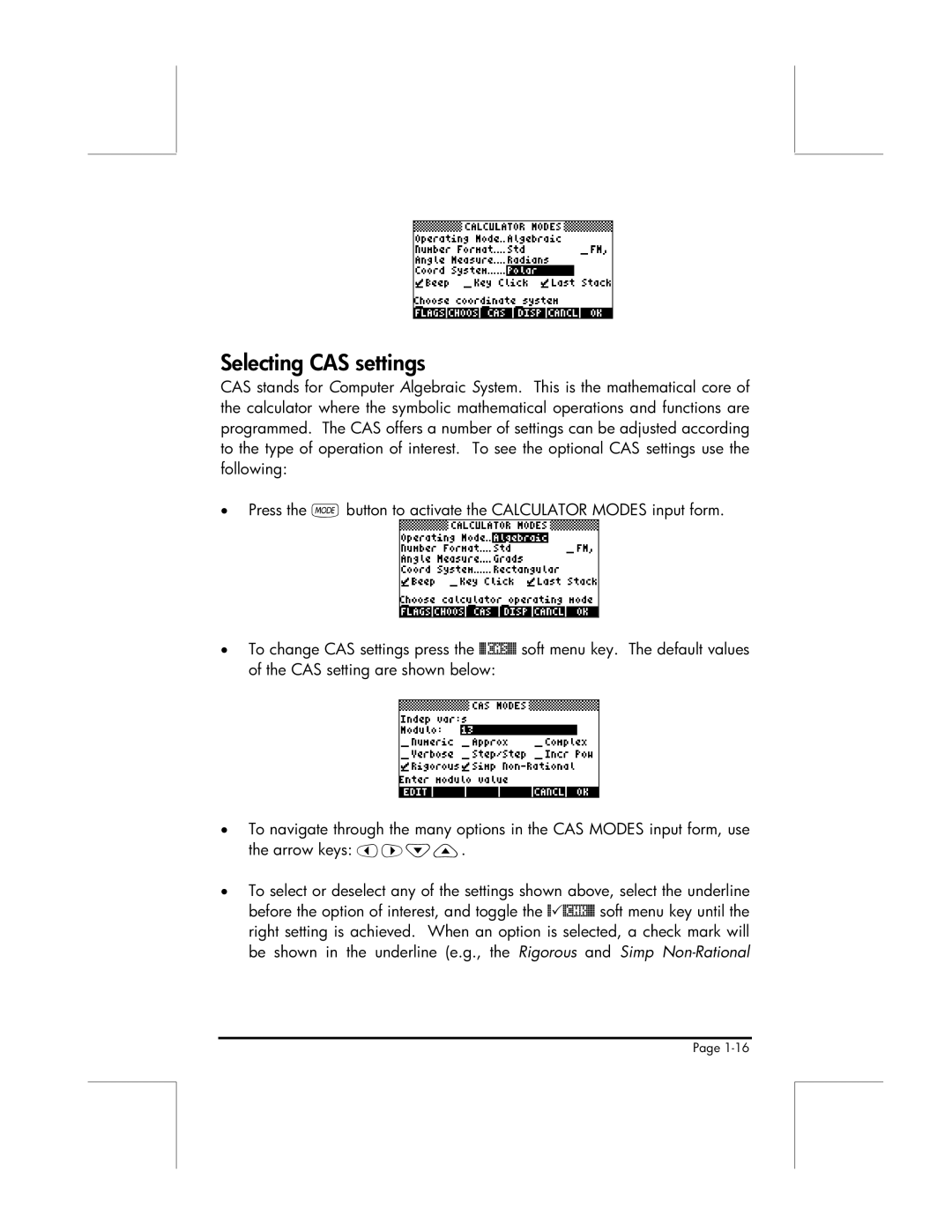 HP 49g manual Selecting CAS settings 