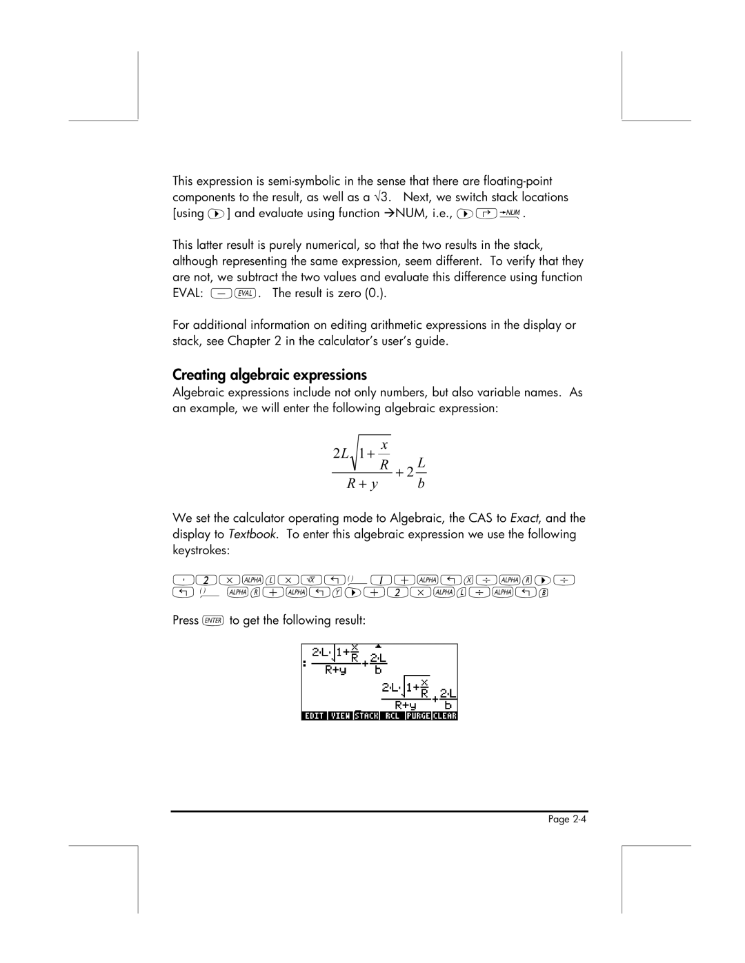 HP 49g manual Creating algebraic expressions, 2L 1 + + 2 L + y 