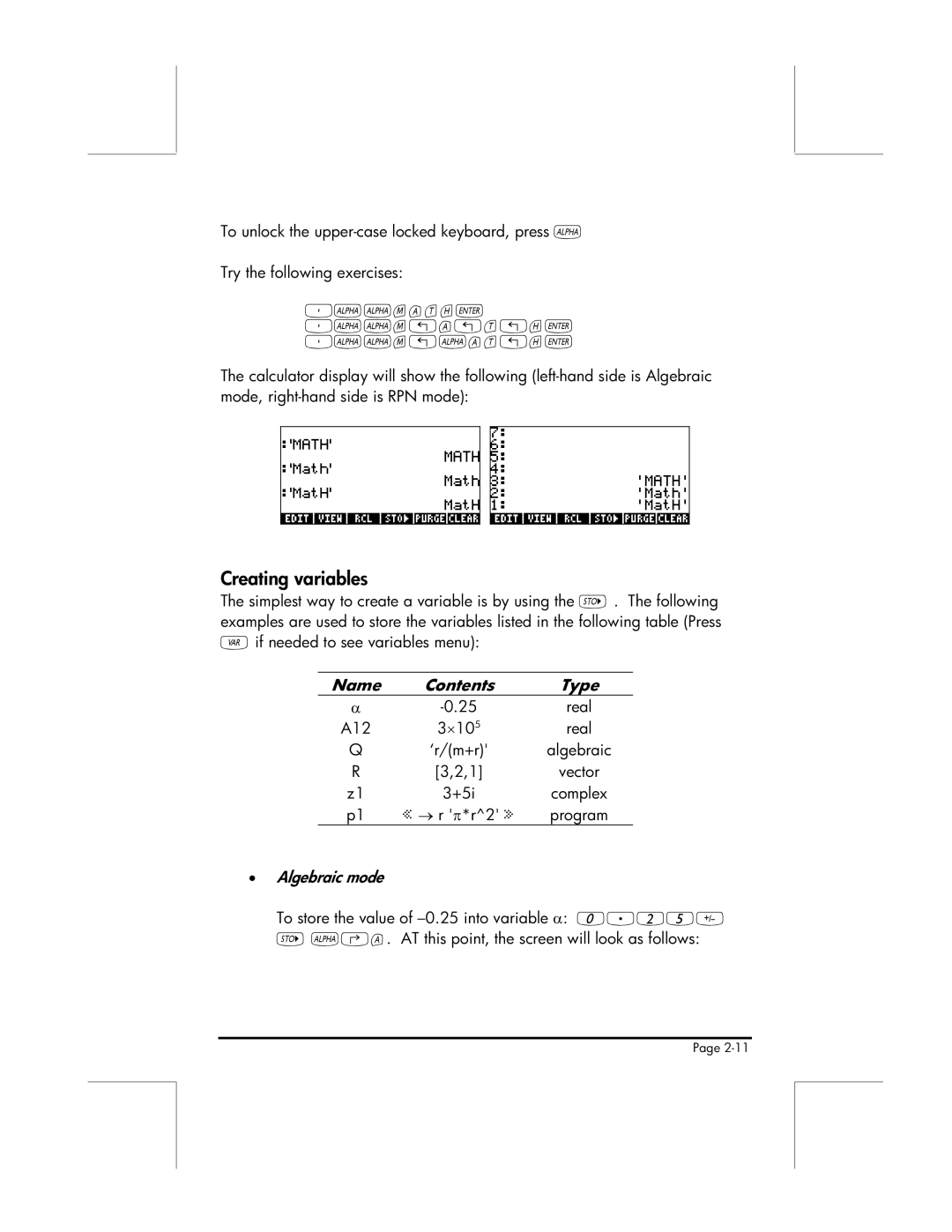 HP 49g manual Creating variables 