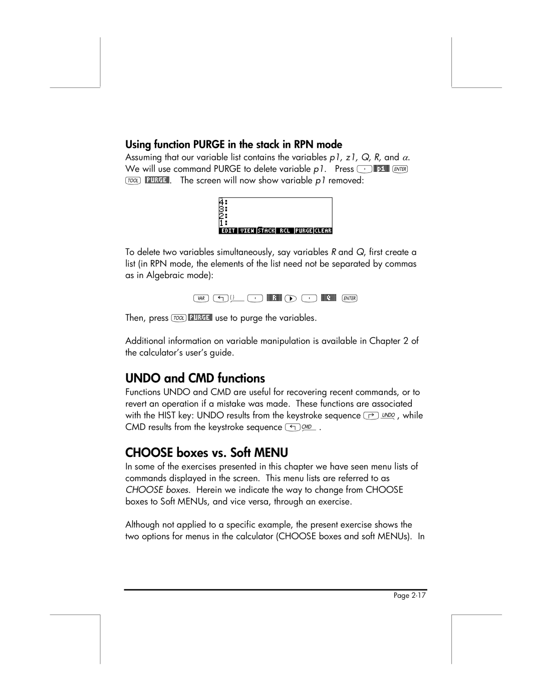 HP 49g manual Undo and CMD functions, Choose boxes vs. Soft Menu, Using function Purge in the stack in RPN mode 