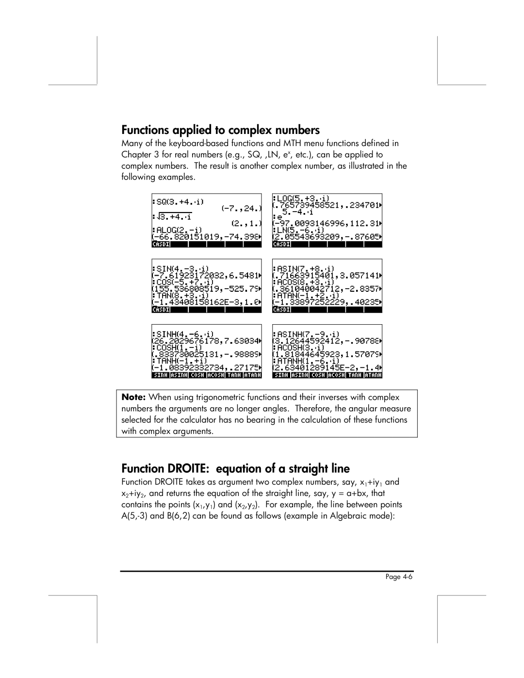 HP 49g manual Functions applied to complex numbers, Function Droite equation of a straight line 