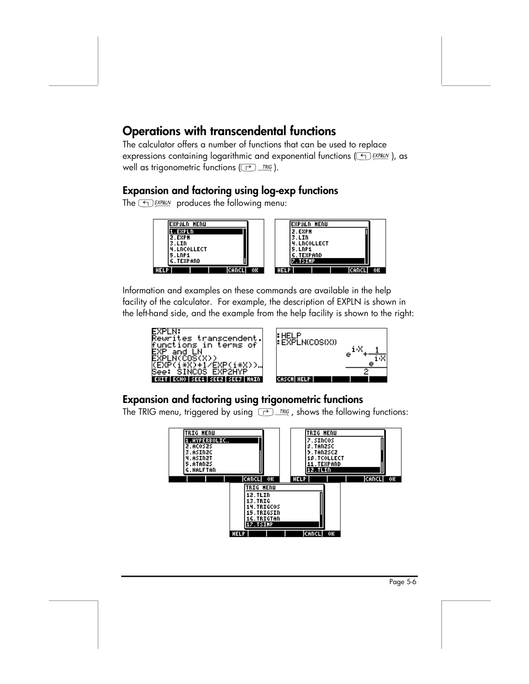 HP 49g manual Operations with transcendental functions, Expansion and factoring using log-exp functions 