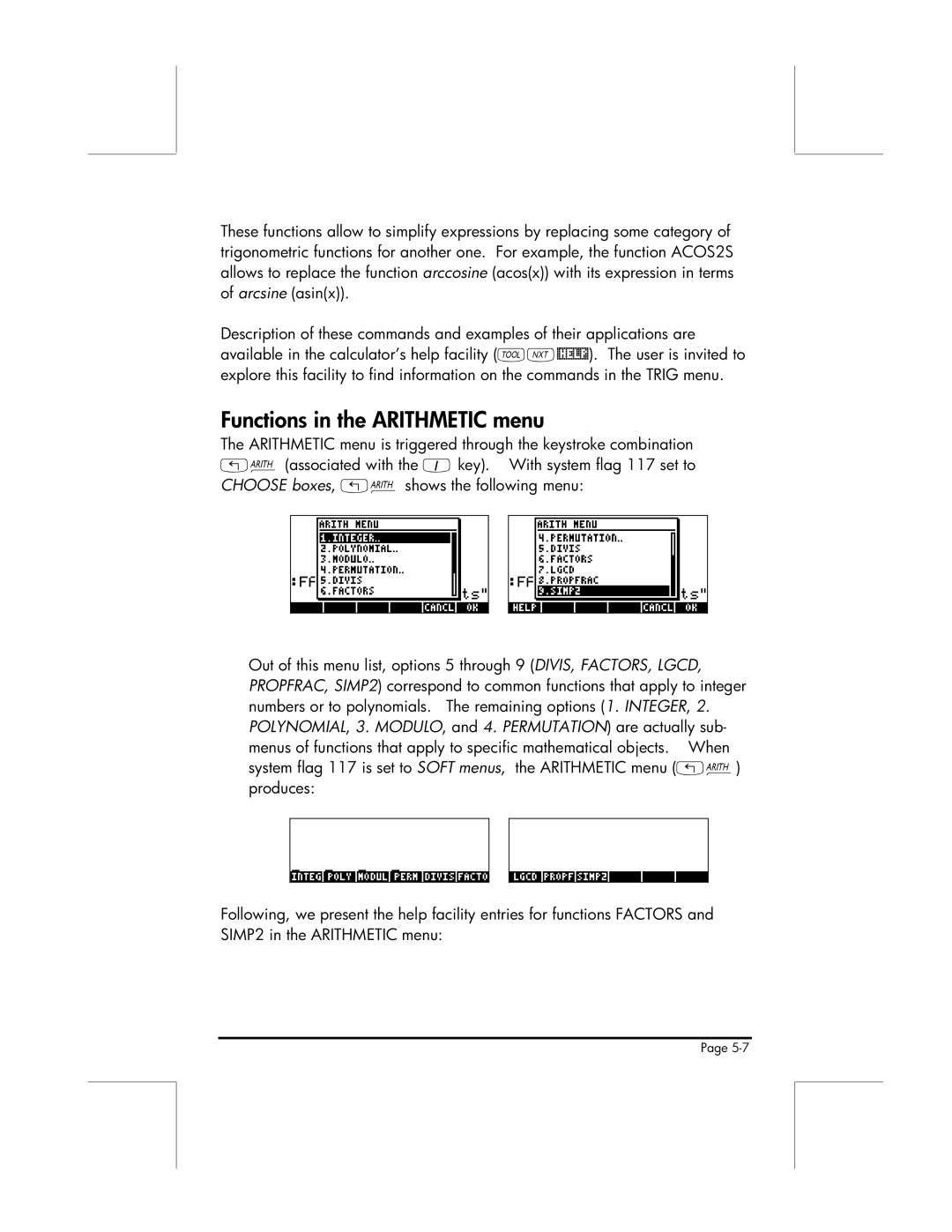 HP 49g manual Functions in the Arithmetic menu 