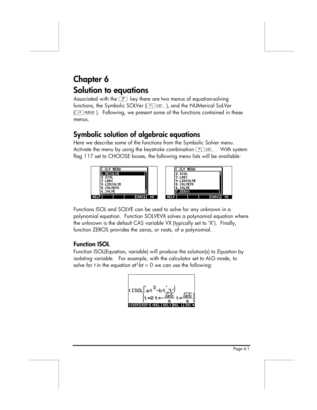 HP 49g manual Chapter Solution to equations, Symbolic solution of algebraic equations, Function Isol 