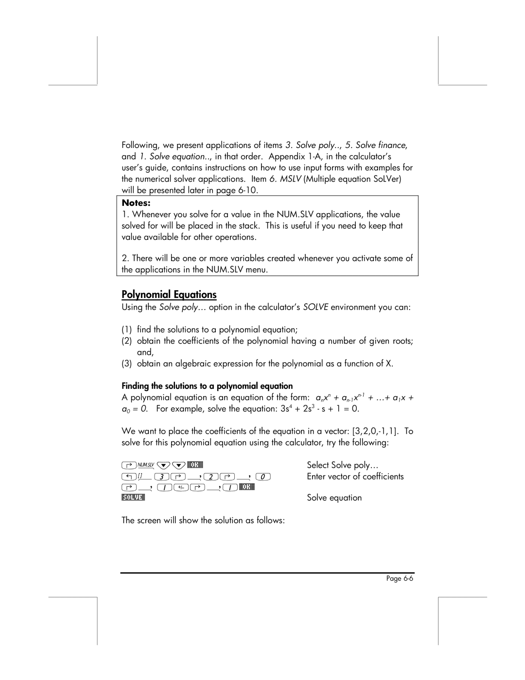 HP 49g manual Polynomial Equations, @Solve@ 