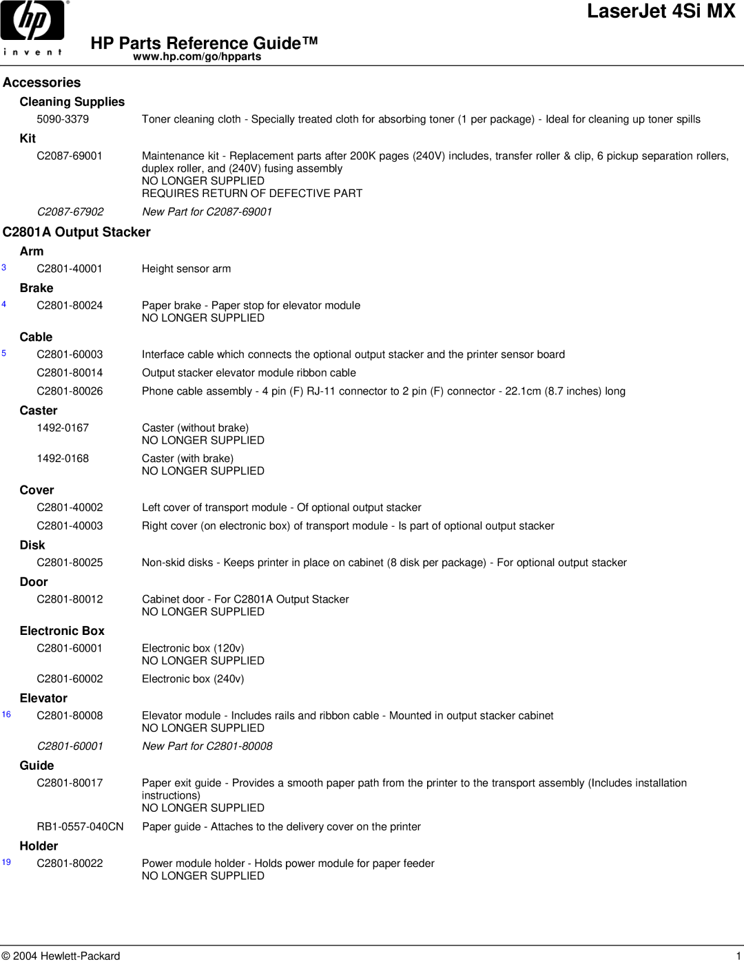 HP 4SI MX manual Accessories, C2801A Output Stacker 