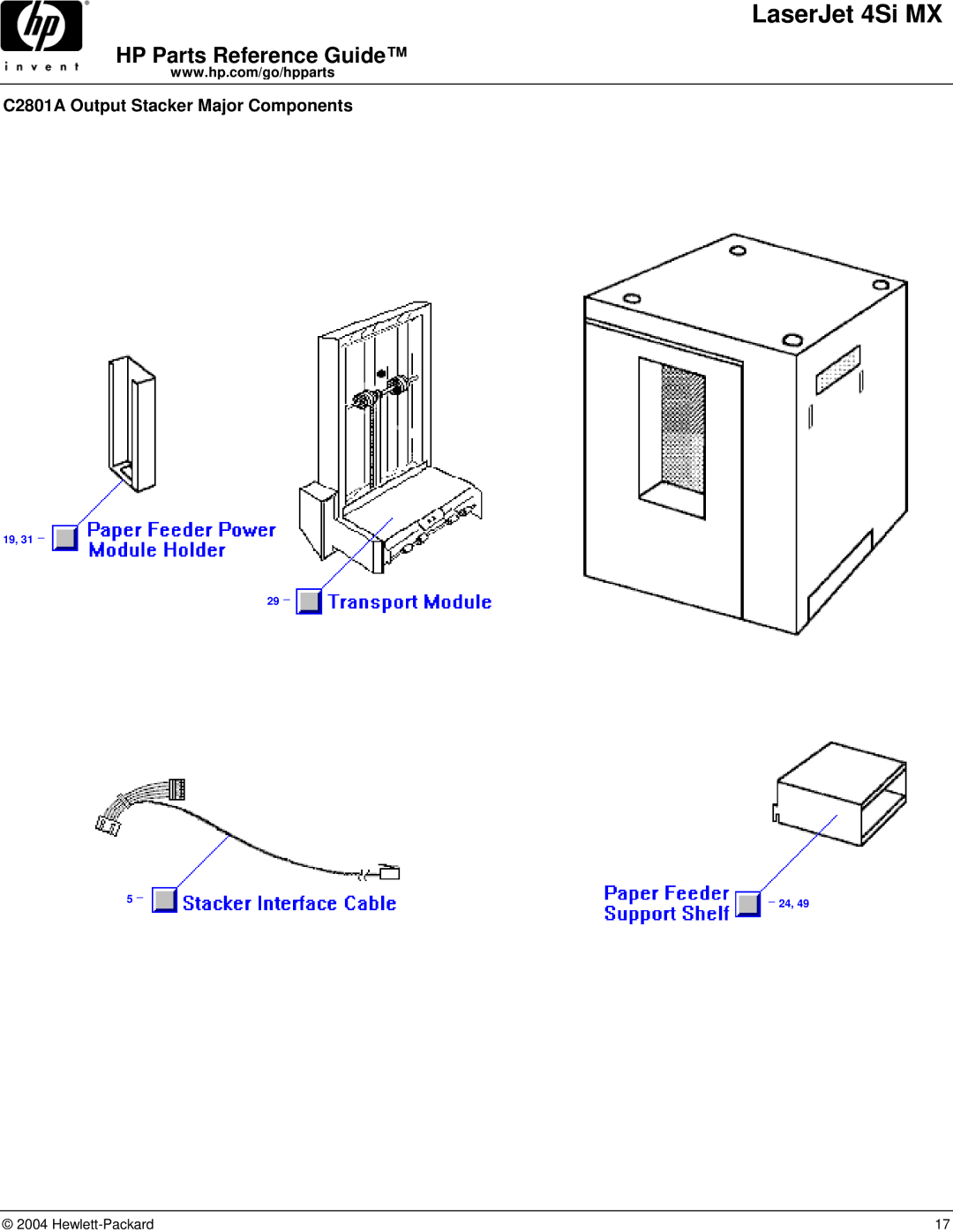 HP 4SI MX manual C2801A Output Stacker Major Components 