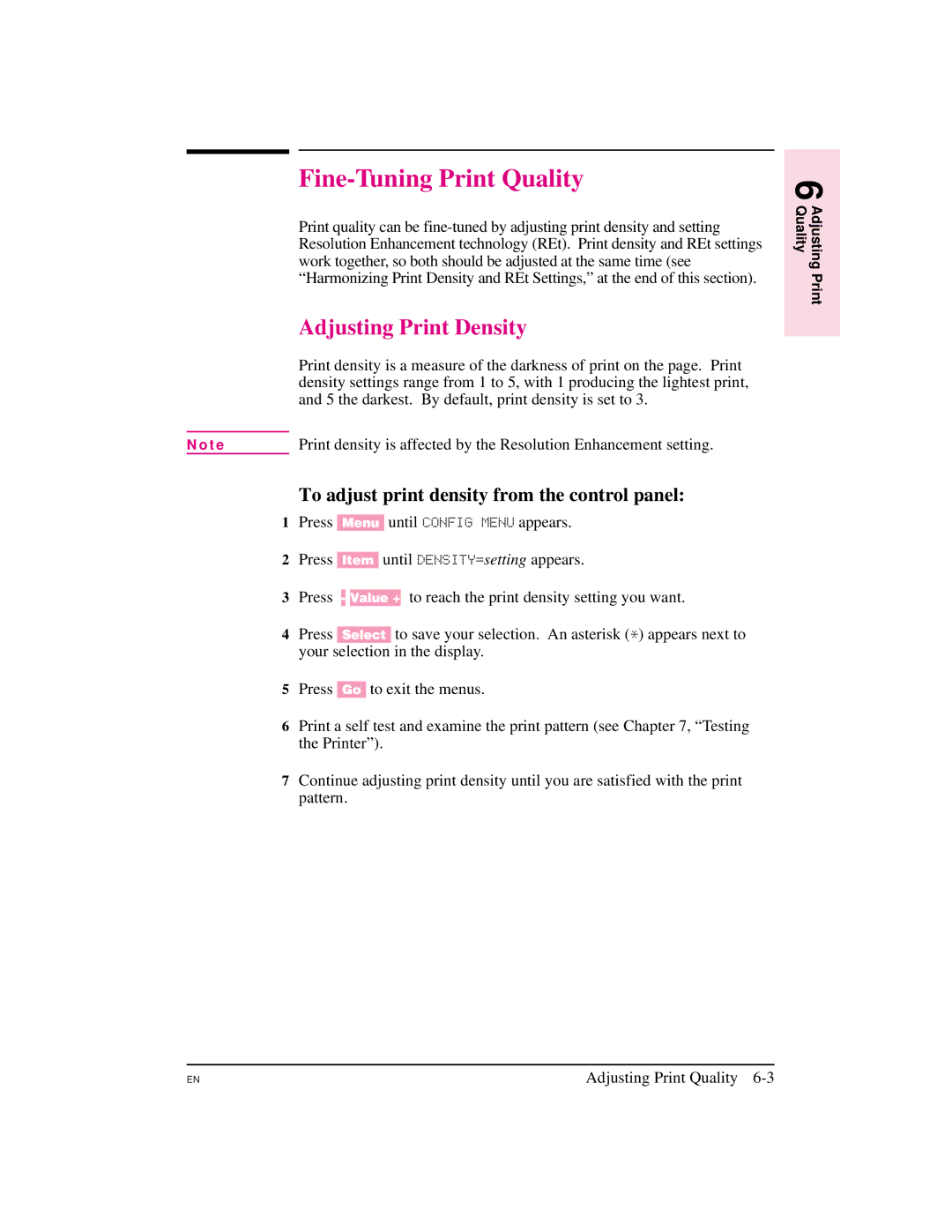 HP 5M manual Fine-Tuning Print Quality, Adjusting Print Density, To adjust print density from the control panel 