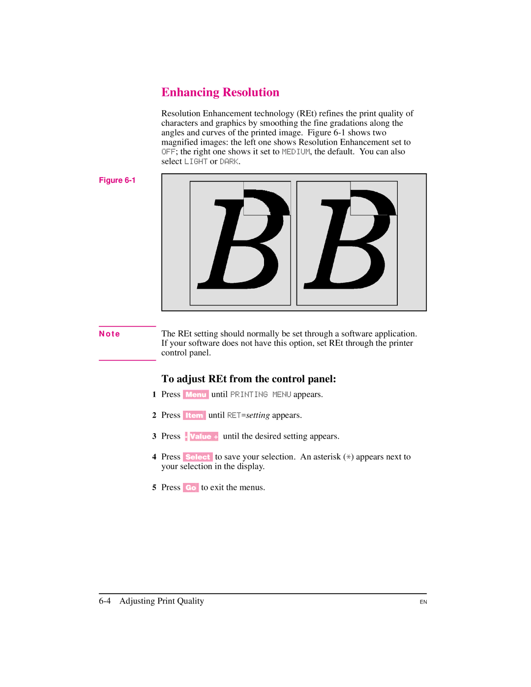 HP 5M manual Enhancing Resolution, To adjust REt from the control panel, Control panel 