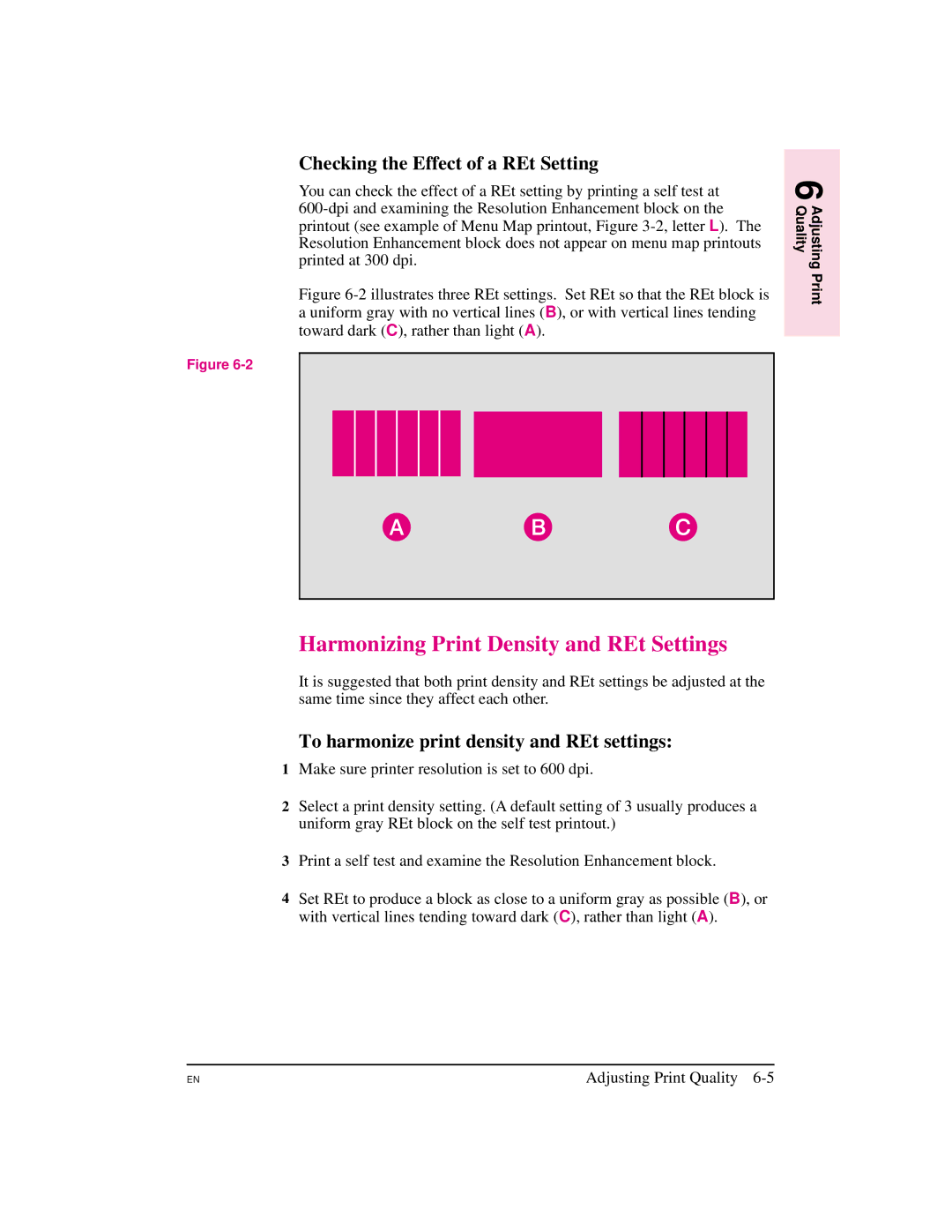 HP 5M manual Harmonizing Print Density and REt Settings, Checking the Effect of a REt Setting 