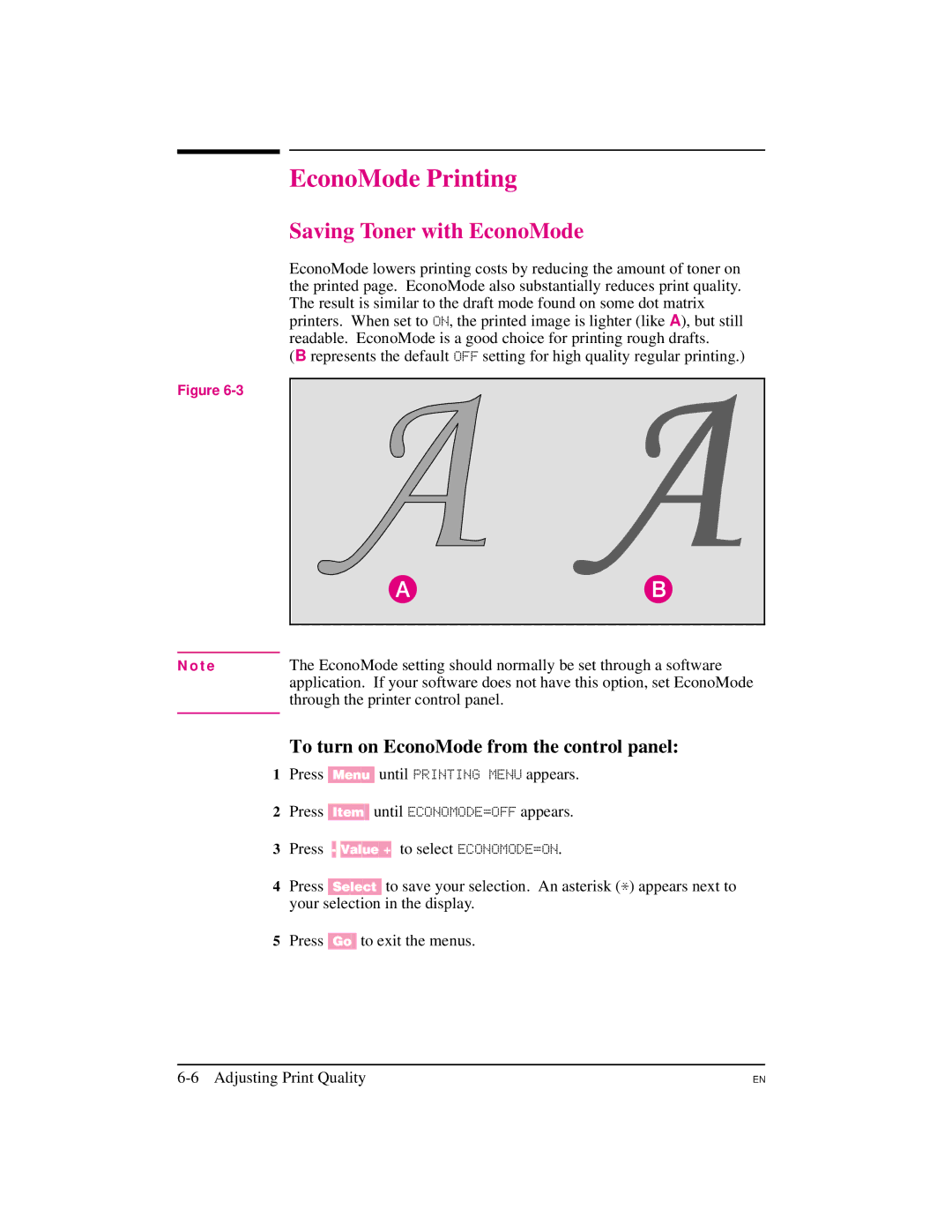 HP 5M manual EconoMode Printing, Saving Toner with EconoMode, To turn on EconoMode from the control panel 