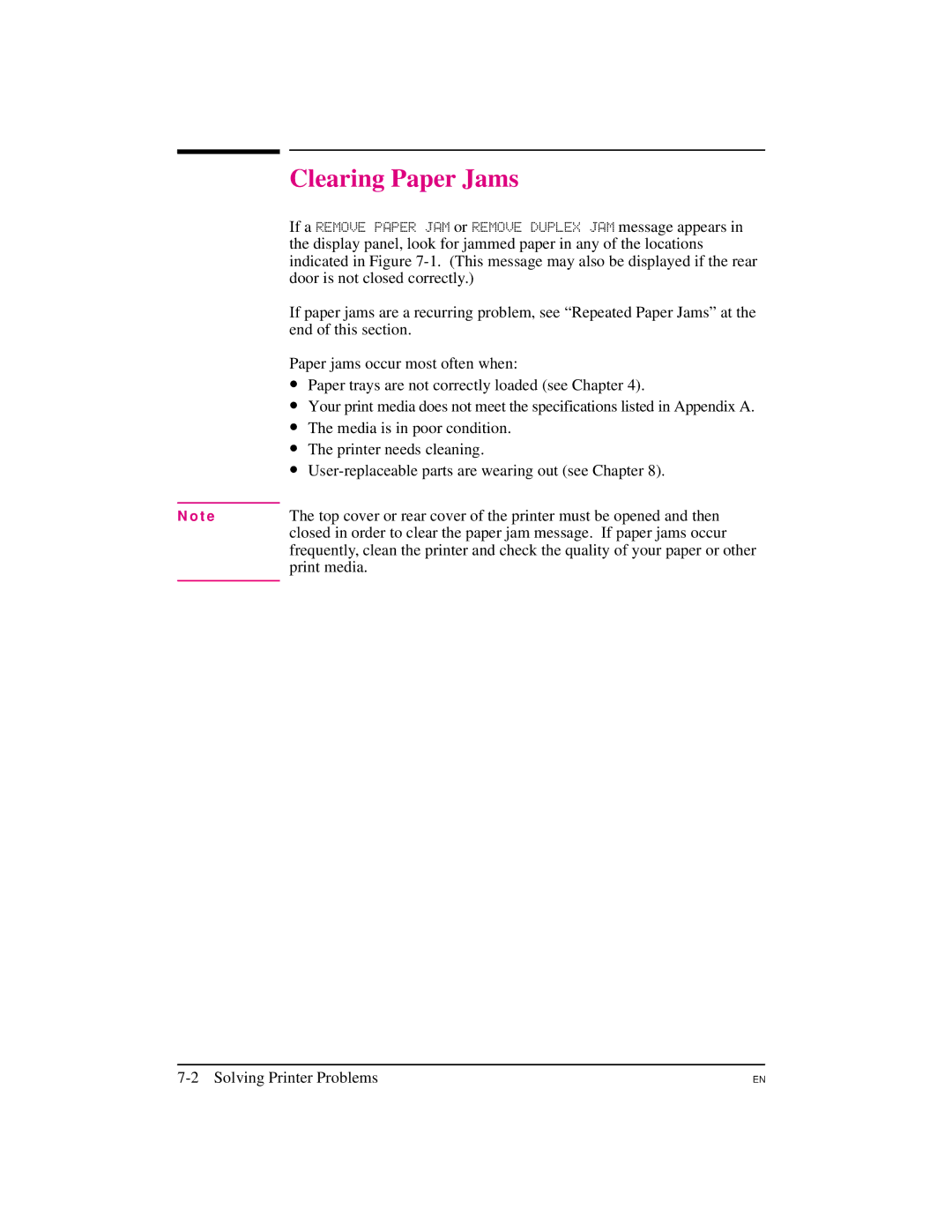 HP 5M manual Clearing Paper Jams, Print media 