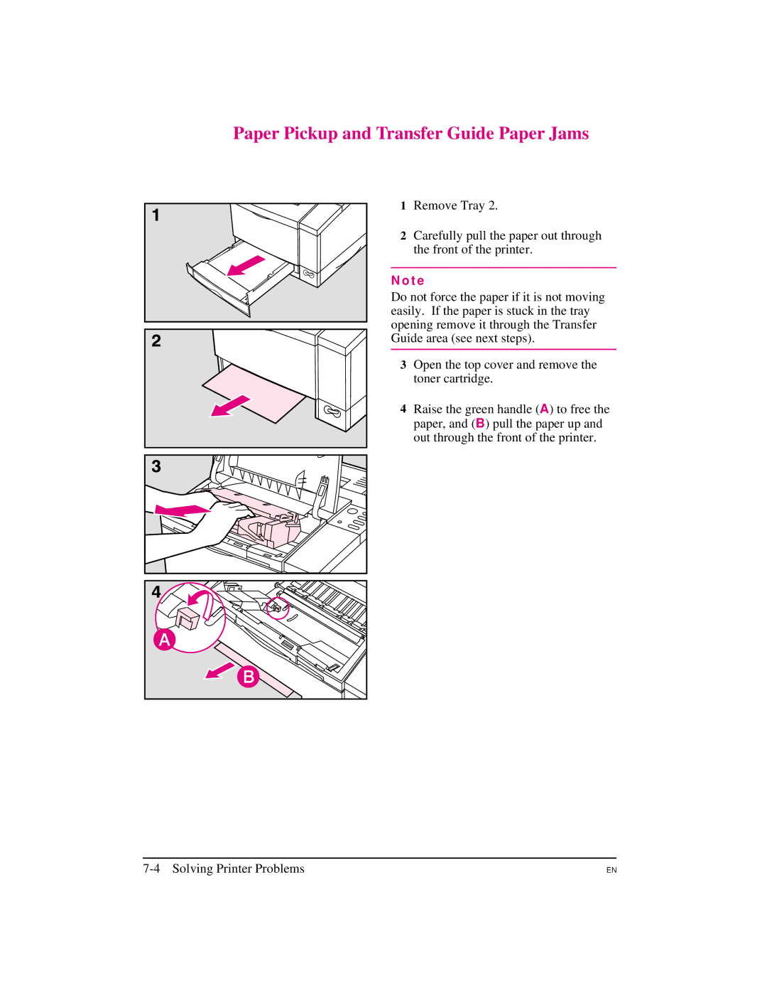 HP 5M manual Paper Pickup and Transfer Guide Paper Jams 