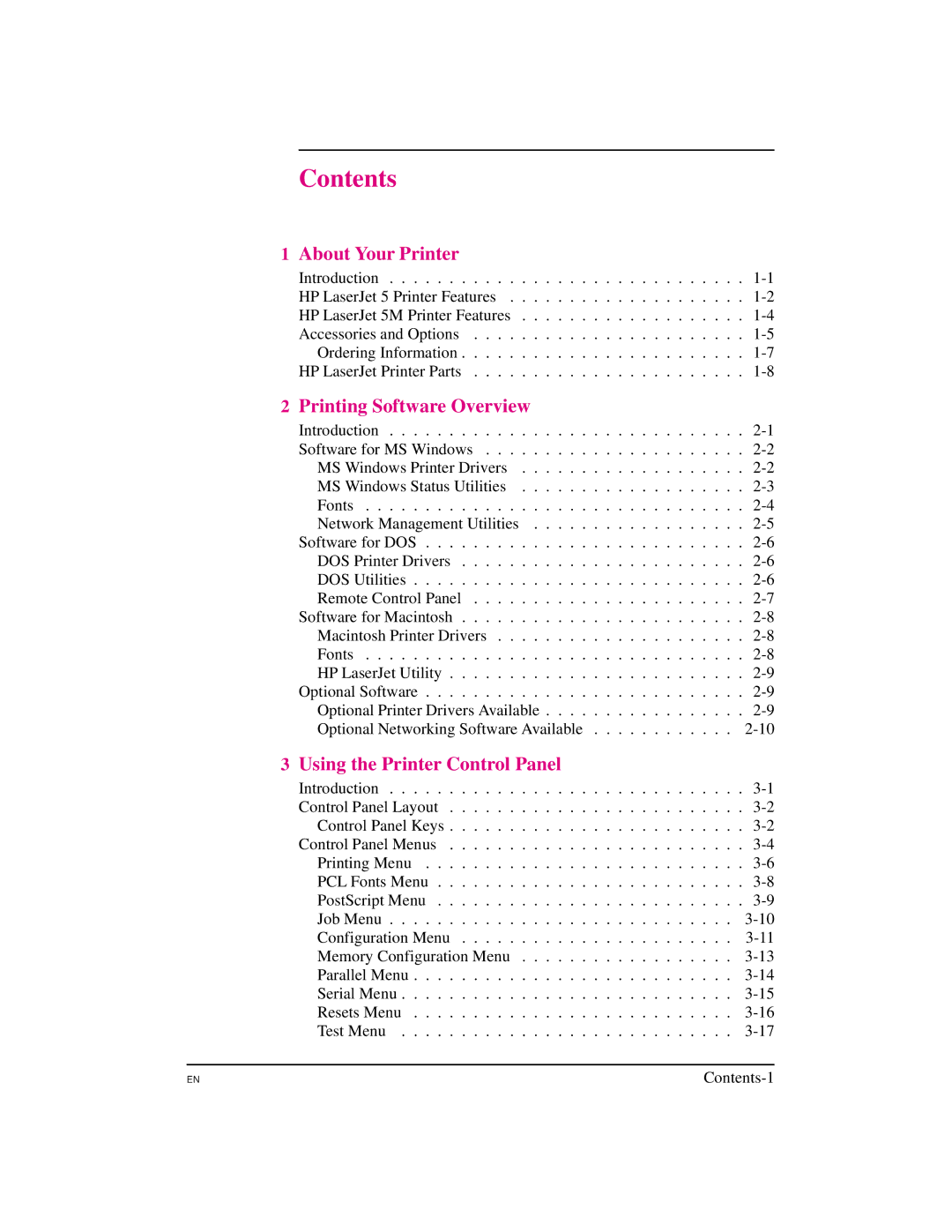 HP 5M manual Contents 