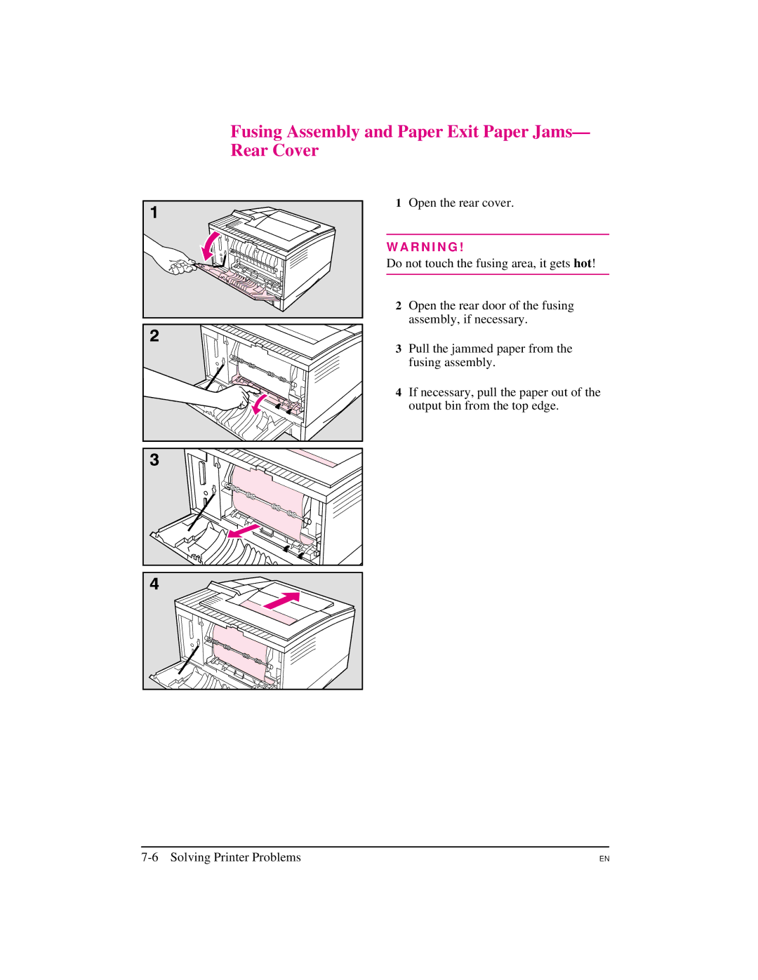 HP 5M manual Fusing Assembly and Paper Exit Paper Jams- Rear Cover, Open the rear cover 