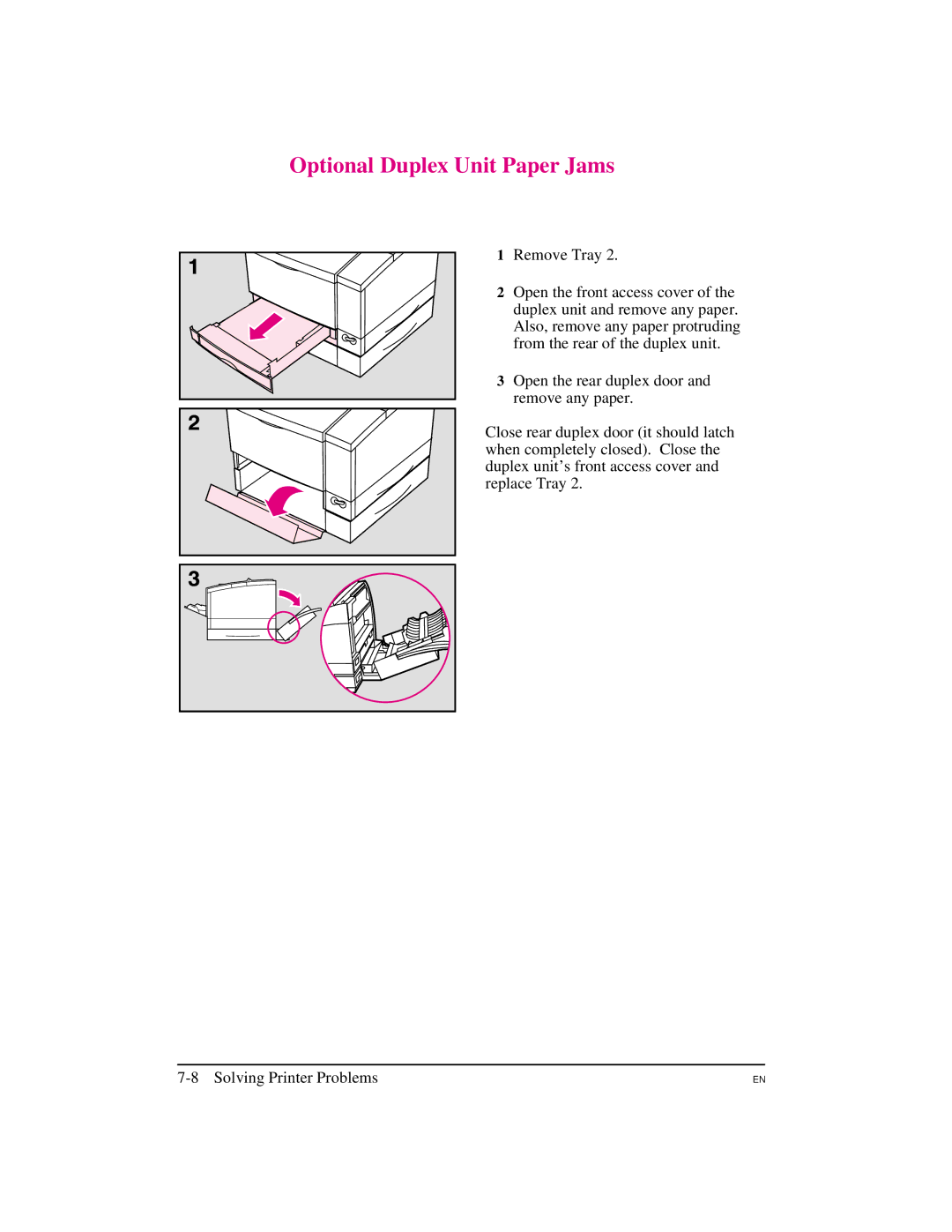 HP 5M manual Optional Duplex Unit Paper Jams 