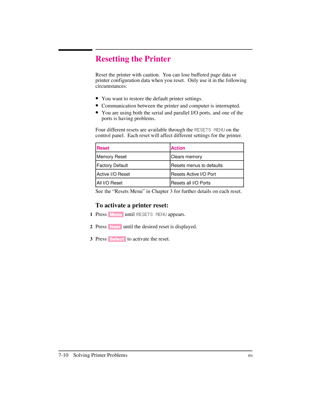 HP 5M Resetting the Printer, To activate a printer reset, See the Resets Menu in for further details on each reset 