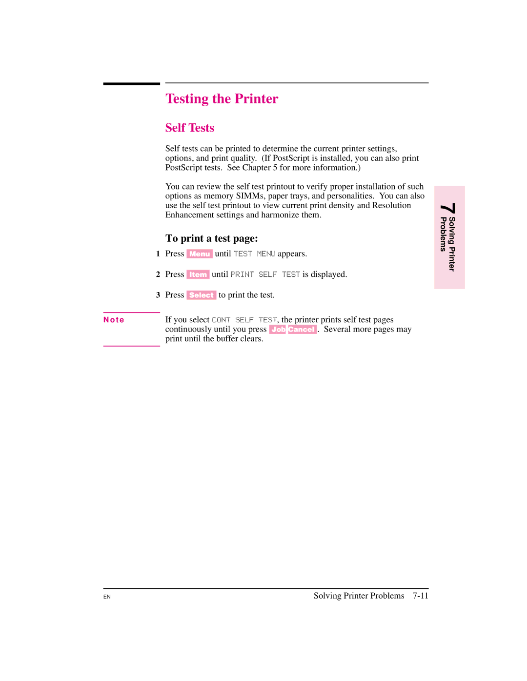 HP 5M manual Testing the Printer, Self Tests, To print a test 