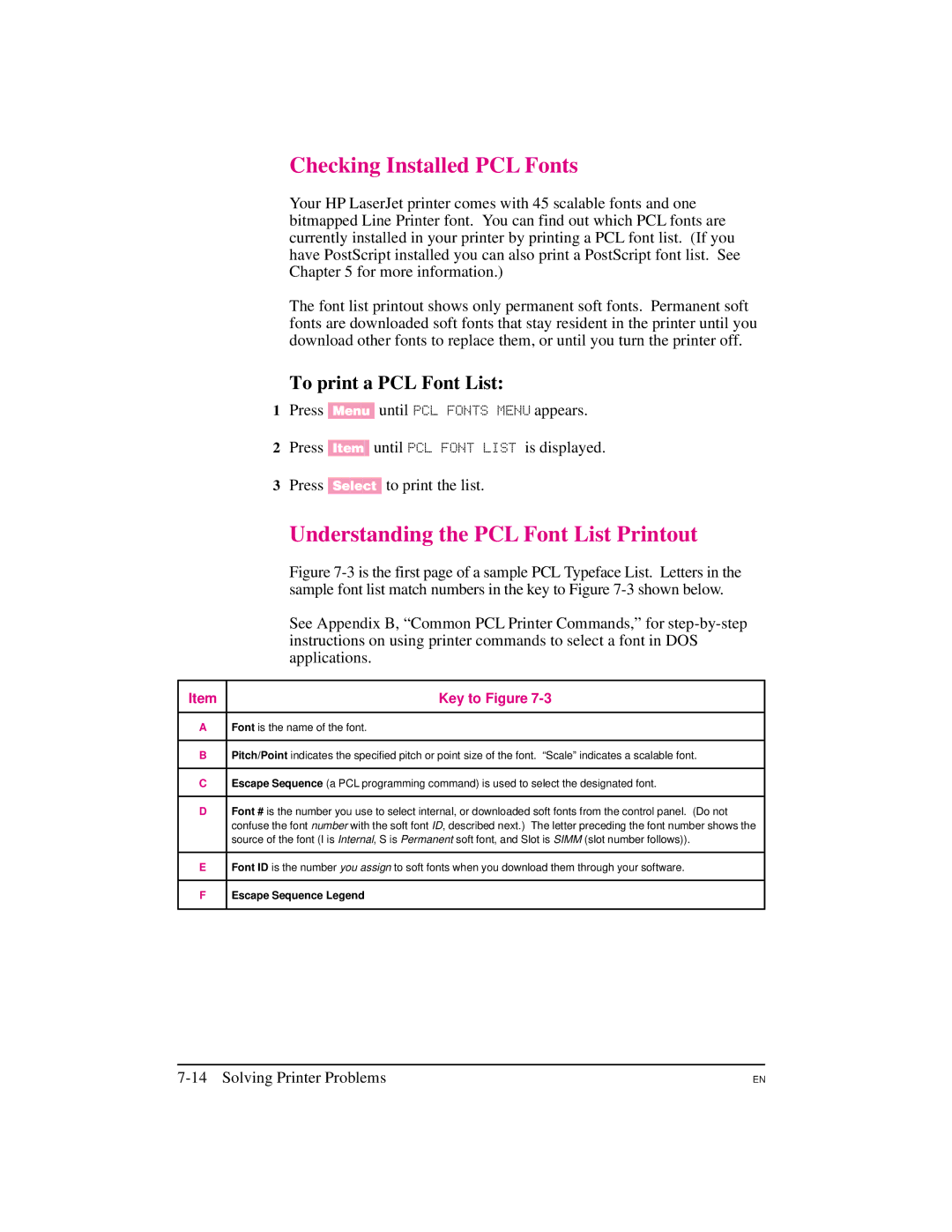 HP 5M manual Checking Installed PCL Fonts, Understanding the PCL Font List Printout, To print a PCL Font List 