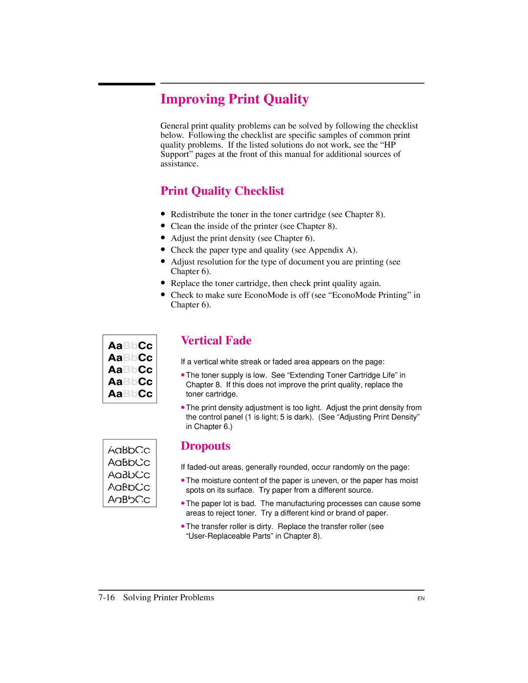 HP 5M manual Improving Print Quality, Print Quality Checklist, Vertical Fade, Dropouts 