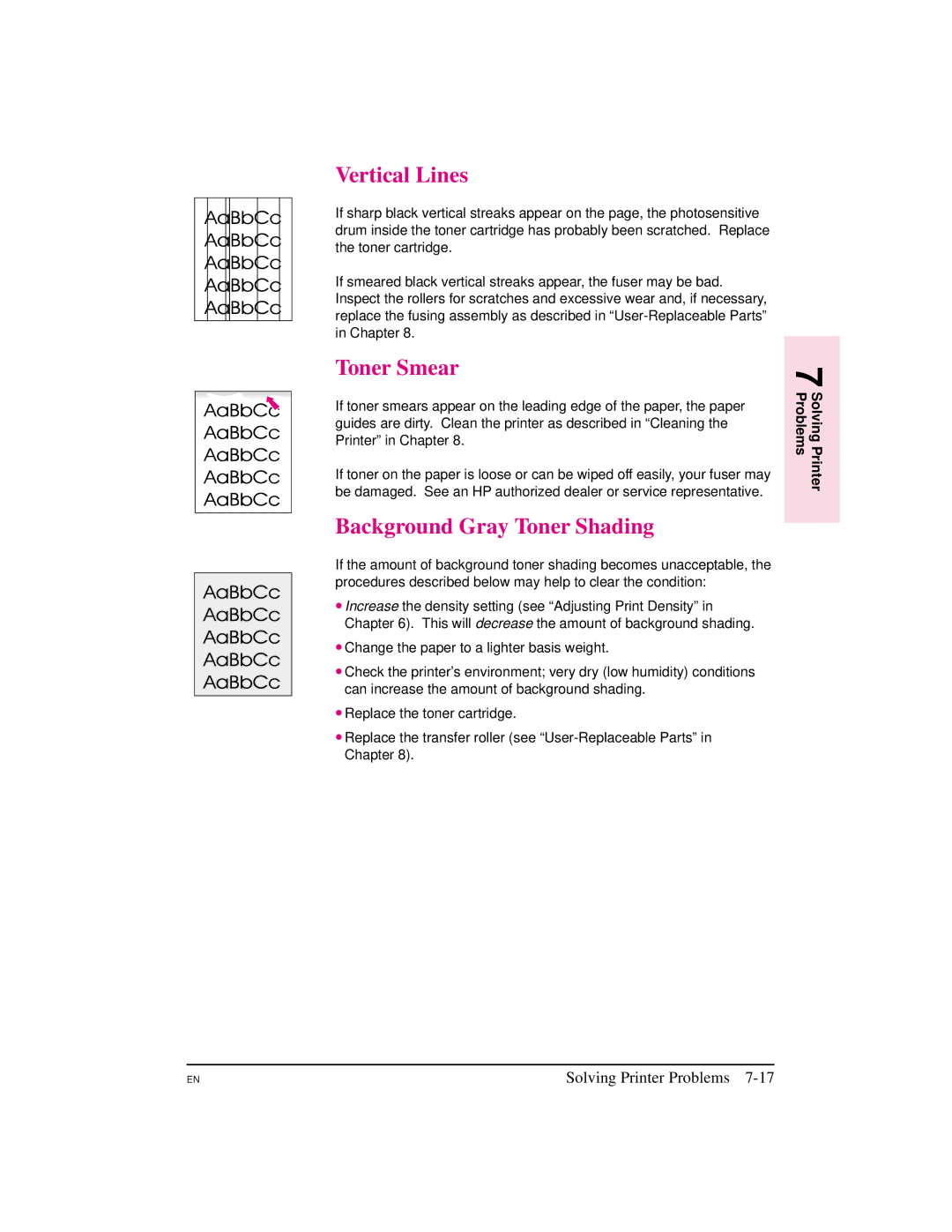 HP 5M manual Vertical Lines, Toner Smear, Background Gray Toner Shading 