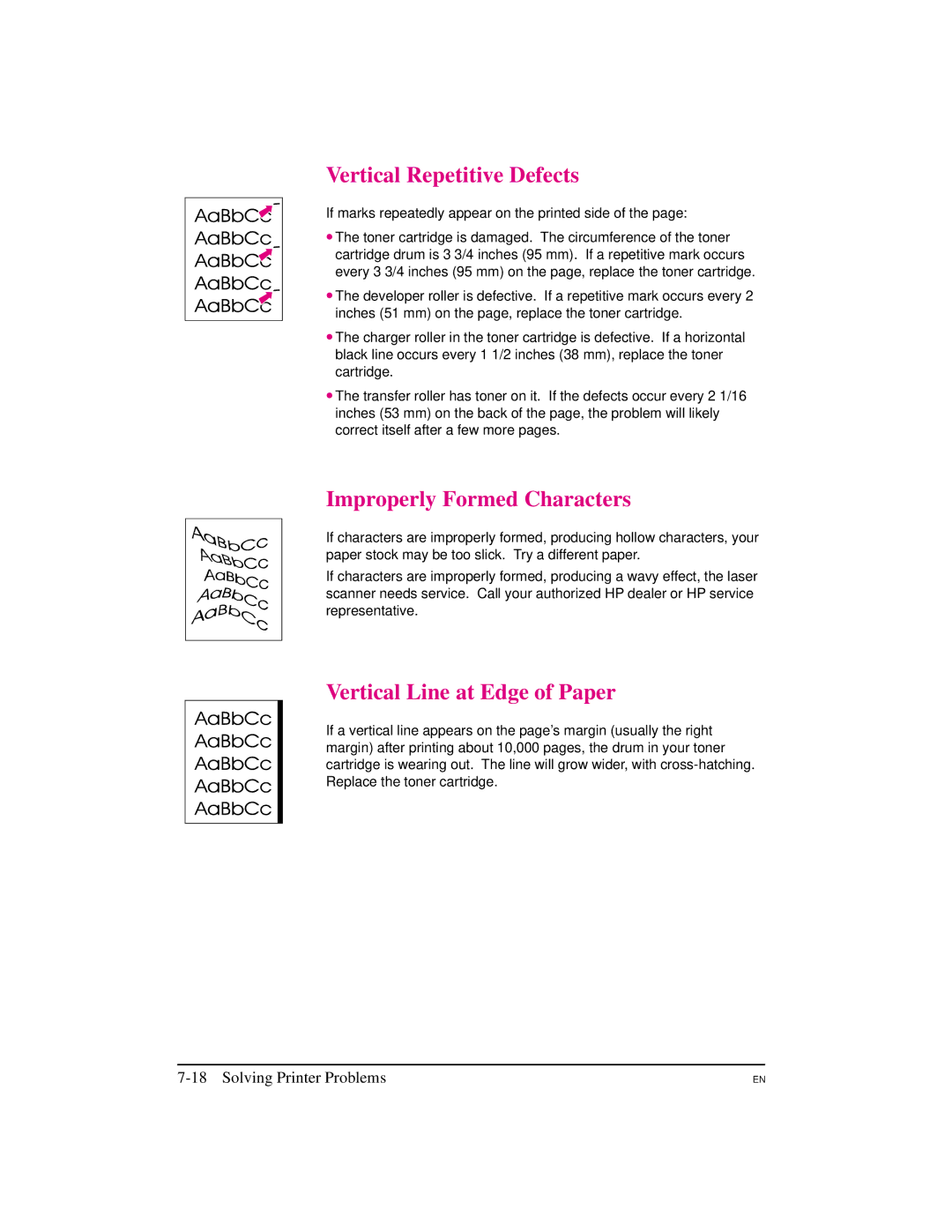 HP 5M manual Vertical Repetitive Defects, Improperly Formed Characters, Vertical Line at Edge of Paper 