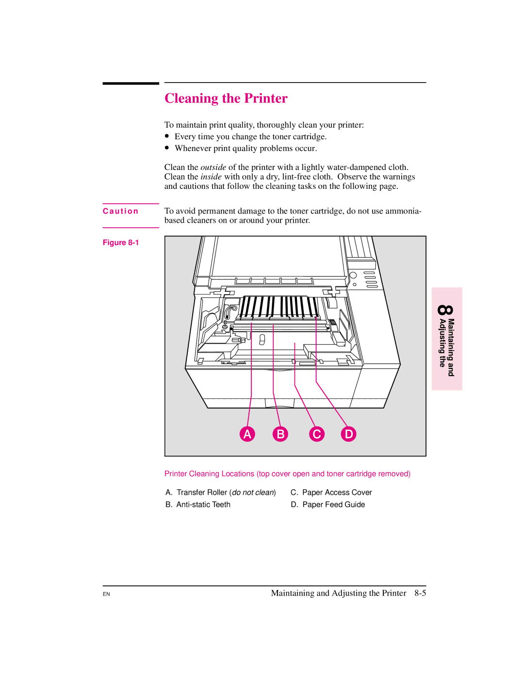 HP 5M manual Cleaning the Printer, Based cleaners on or around your printer 