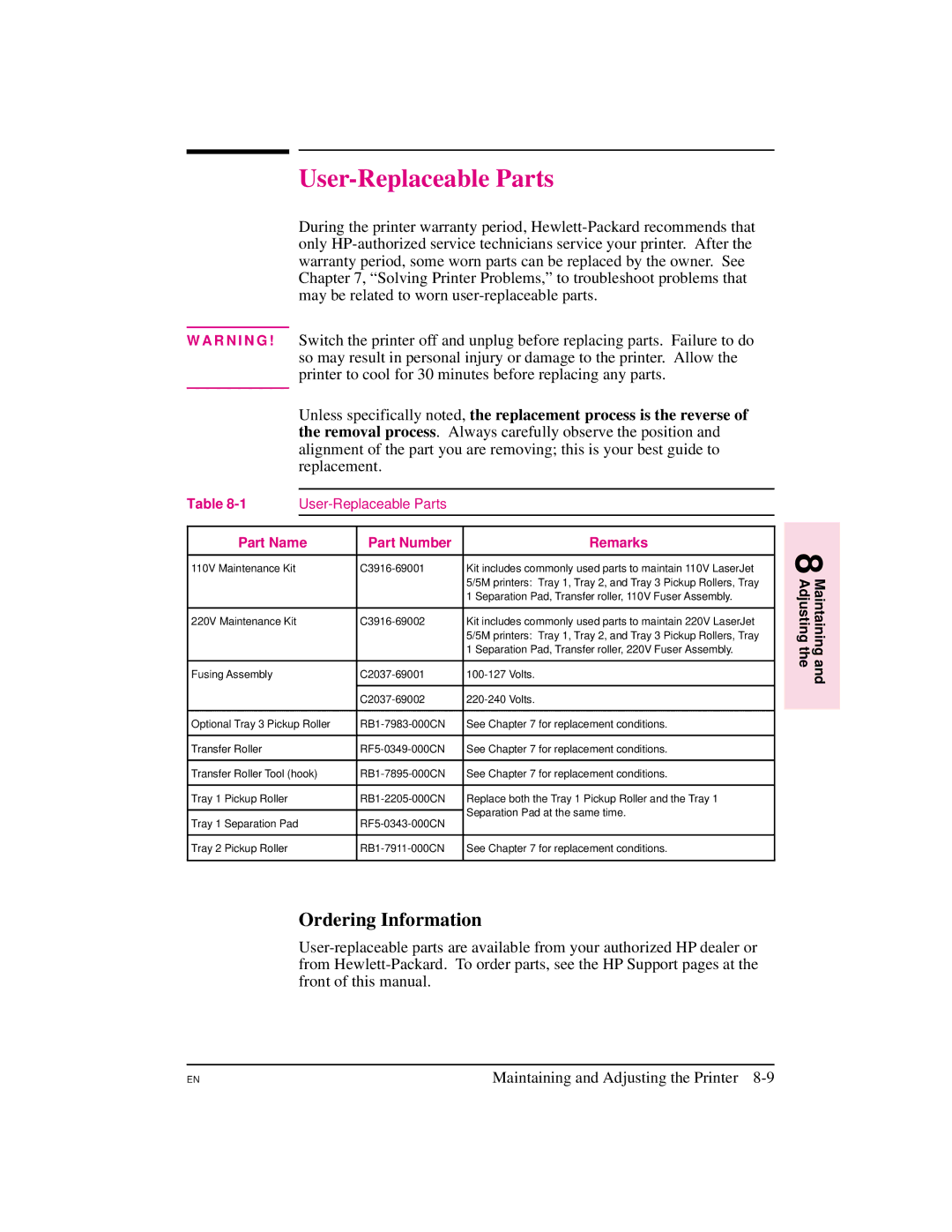 HP 5M manual User-Replaceable Parts, Ordering Information, Part Name Part Number Remarks 