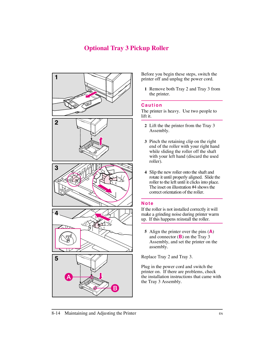 HP 5M manual Optional Tray 3 Pickup Roller, Remove both Tray 2 and Tray 3 from the printer 