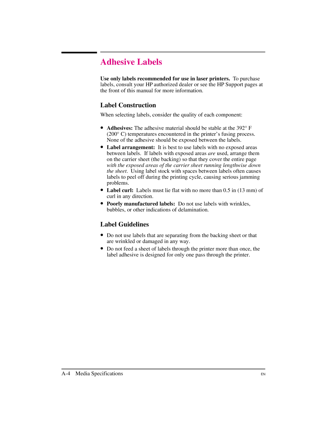 HP 5M manual Adhesive Labels, Label Construction 