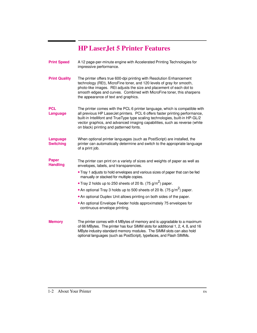 HP 5M manual HP LaserJet 5 Printer Features 