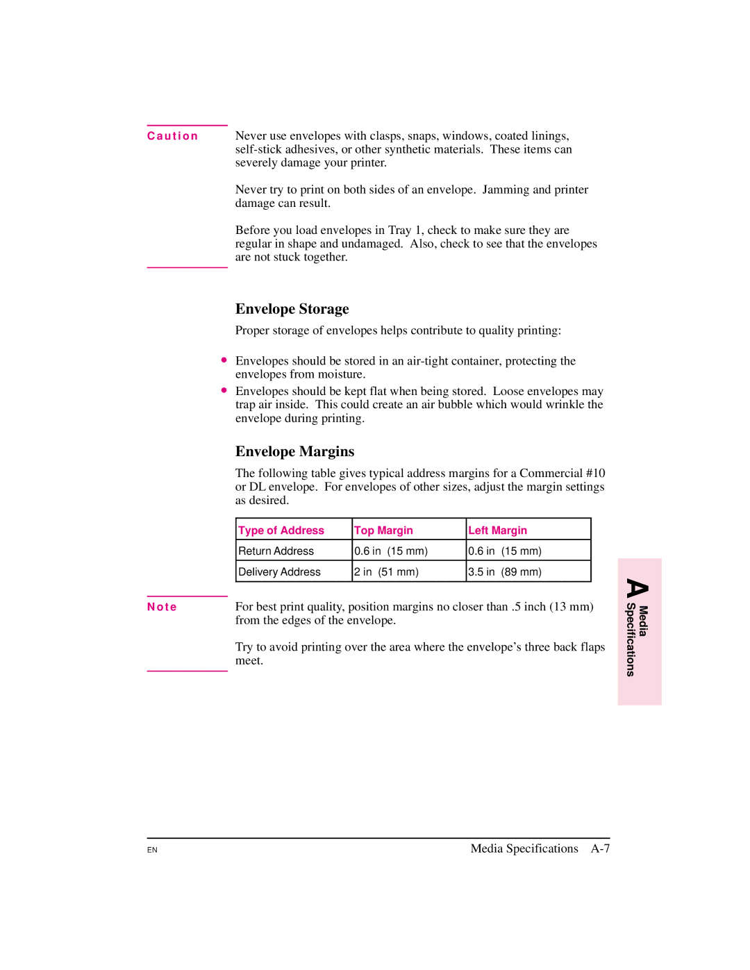 HP 5M manual Envelope Storage, Envelope Margins 