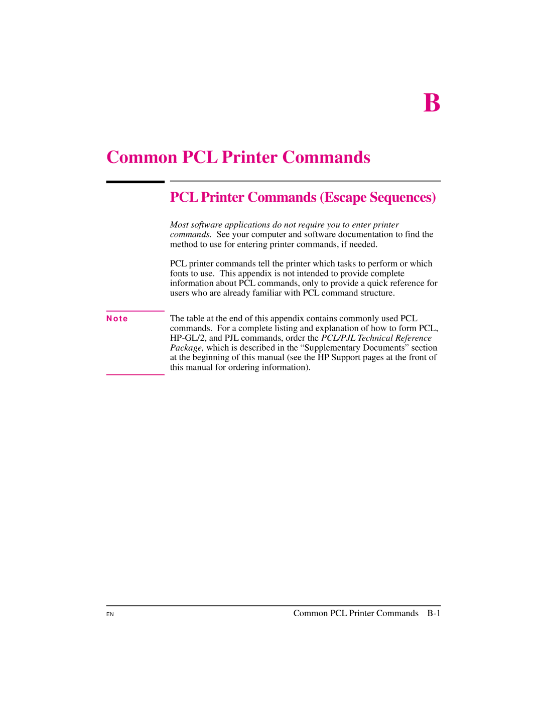 HP 5M manual Common PCL Printer Commands, PCL Printer Commands Escape Sequences 