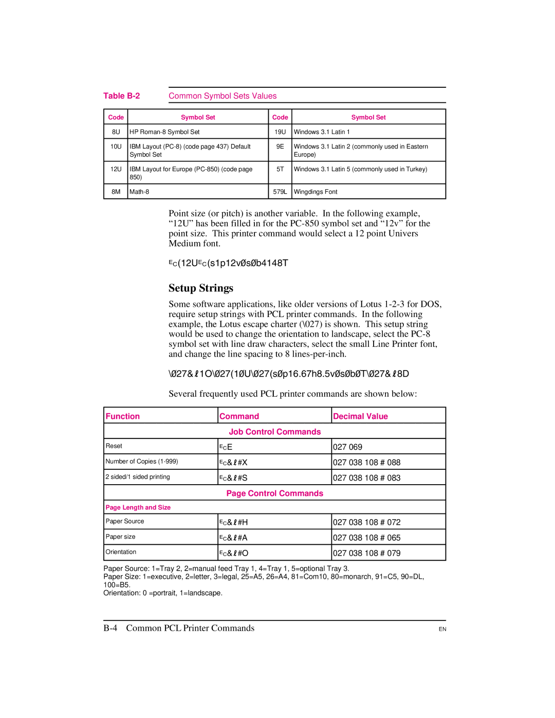 HP 5M manual Setup Strings, Table B-2, Function Command Decimal Value Job Control Commands 