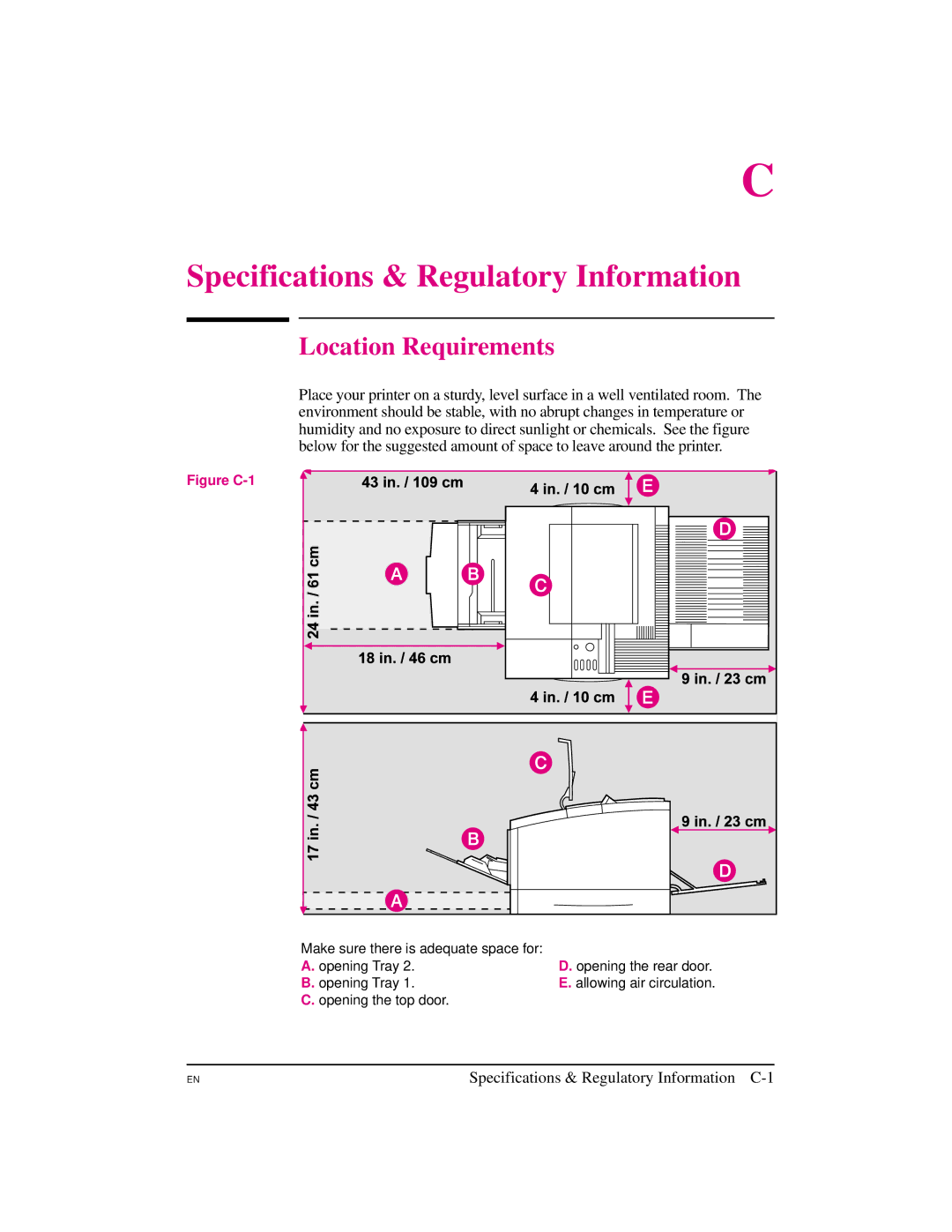 HP 5M manual Location Requirements, Specifications & Regulatory Information C-1, Opening Tray 