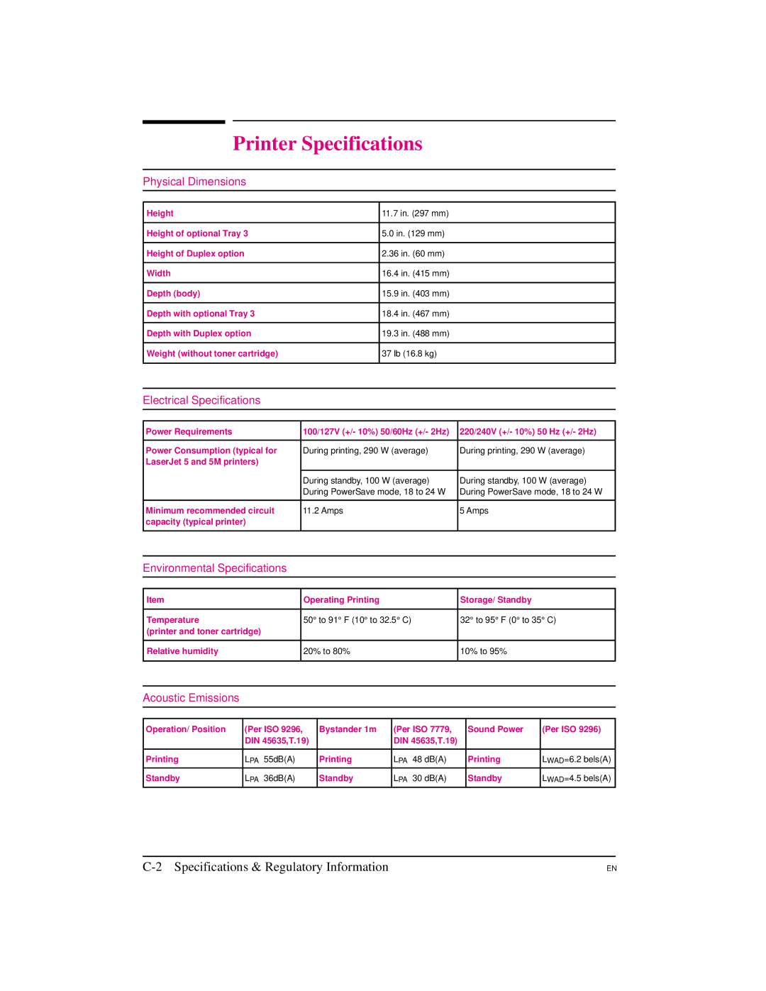 HP 5M manual Printer Specifications, Specifications & Regulatory Information 