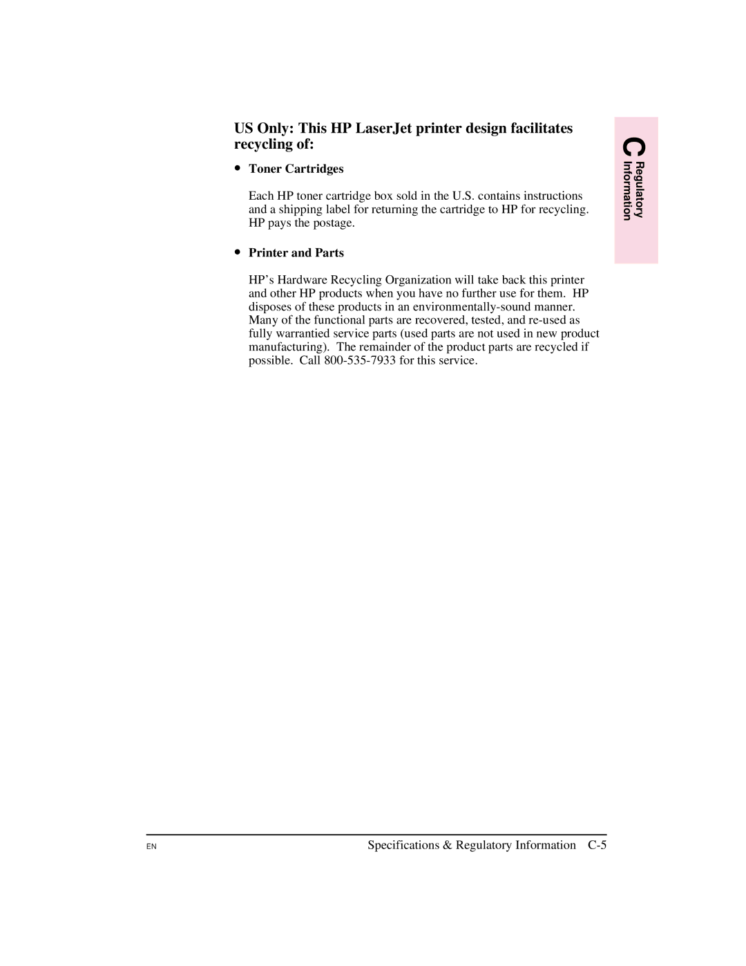 HP 5M manual Toner Cartridges, Specifications & Regulatory Information C-5 