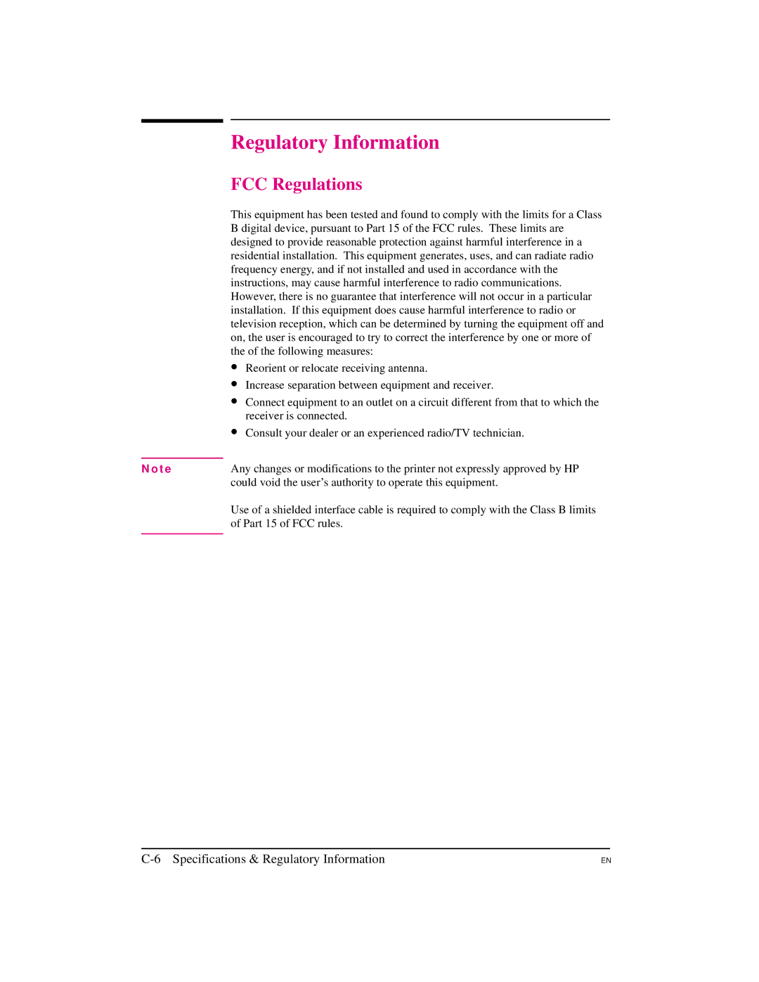 HP 5M manual Regulatory Information, FCC Regulations 