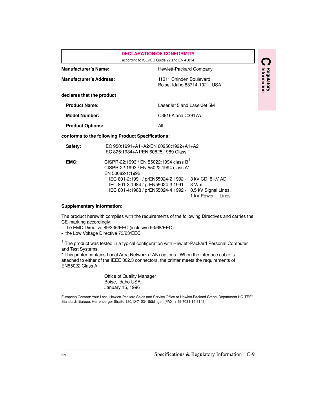 HP 5M manual Specifications & Regulatory Information C-9, Declaration of Conformity 