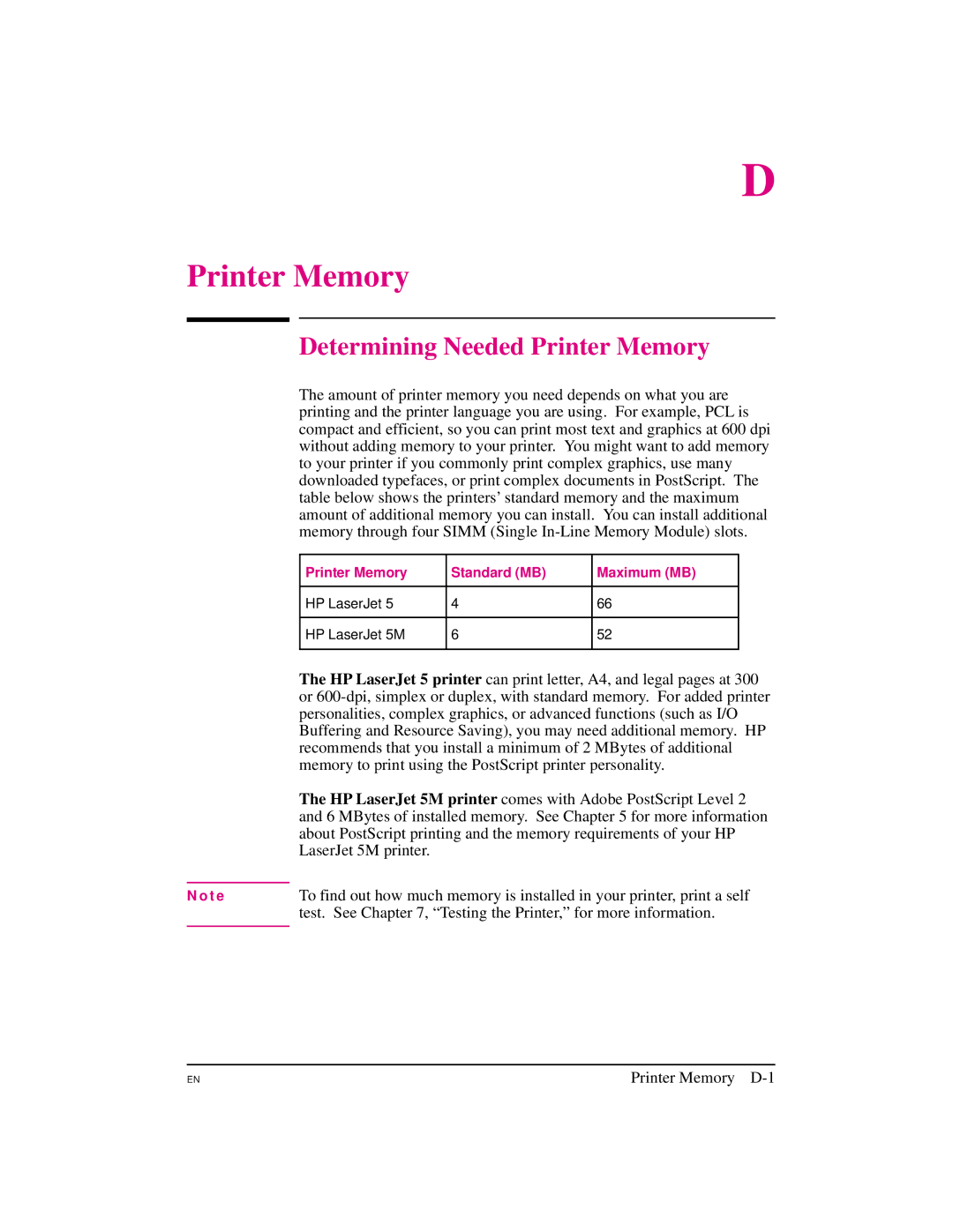 HP 5M manual Determining Needed Printer Memory, Printer Memory Standard MB Maximum MB 