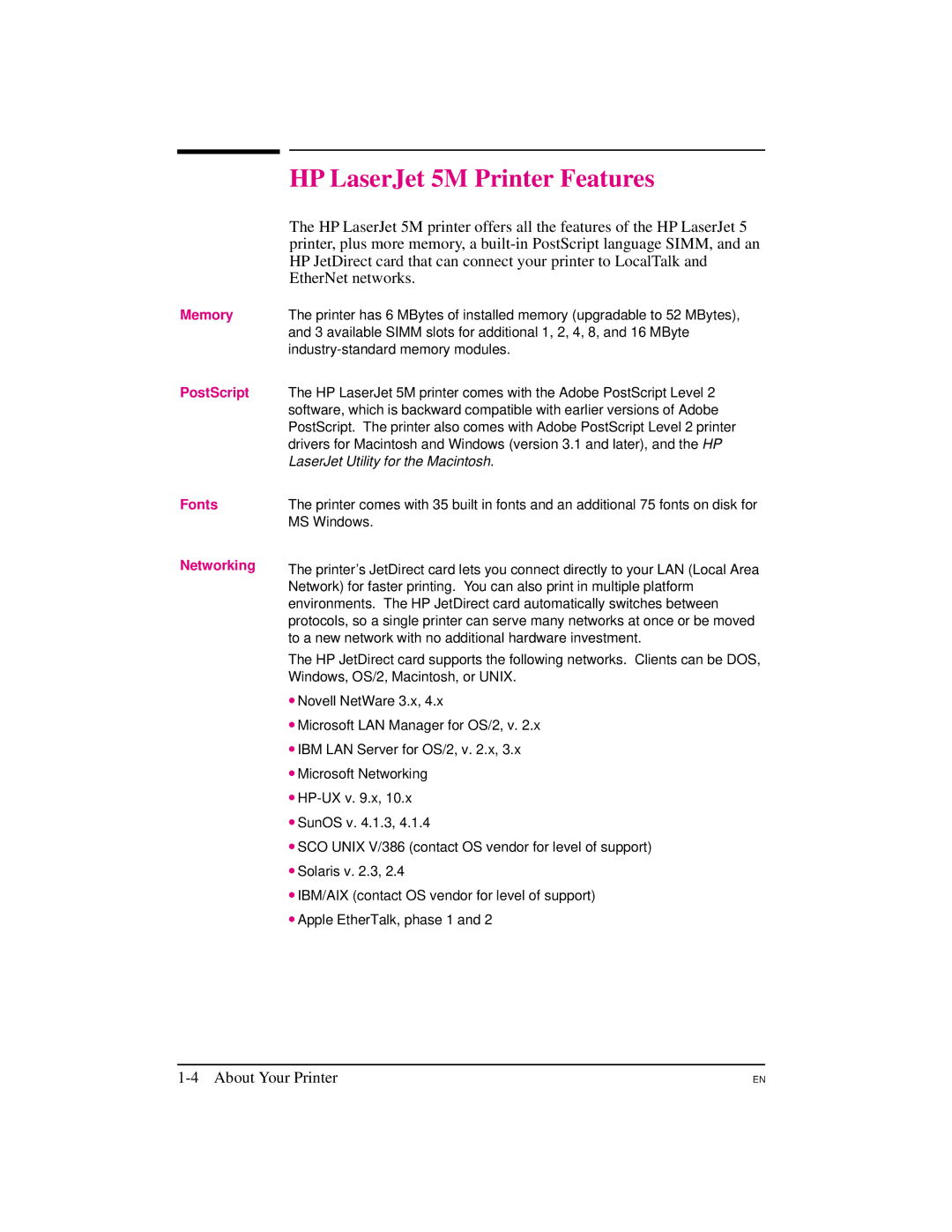 HP manual HP LaserJet 5M Printer Features, EtherNet networks, PostScript, Fonts Networking 