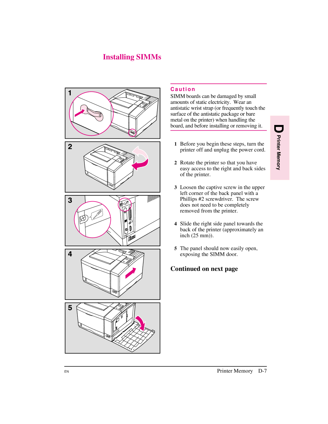 HP 5M manual Installing SIMMs, Printer Memory D-7 