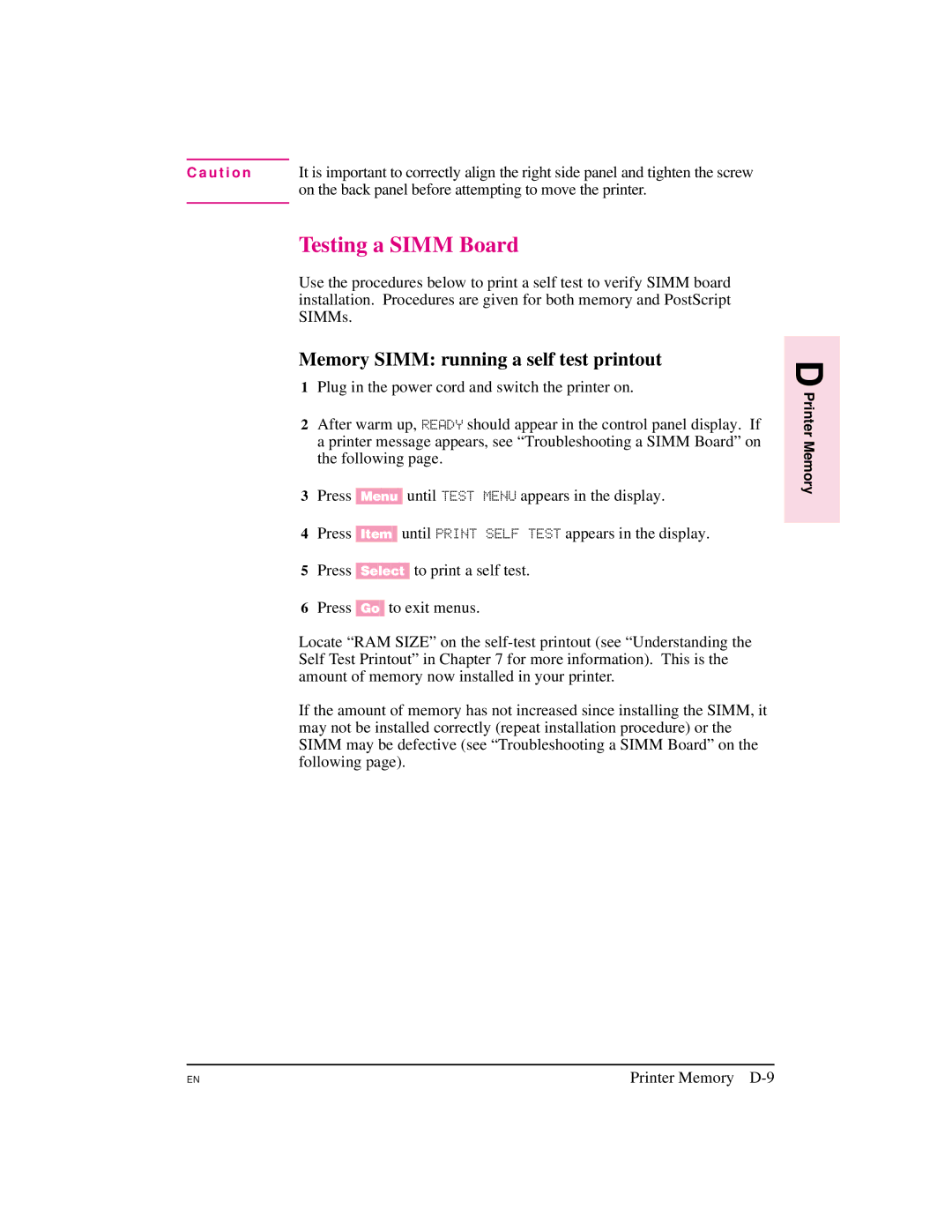 HP 5M manual Testing a Simm Board, Memory Simm running a self test printout, Printer Memory D-9 