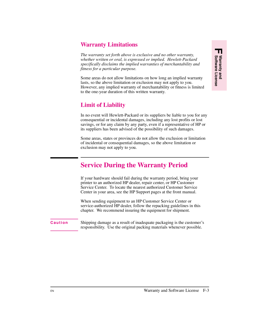 HP 5M Service During the Warranty Period, Warranty Limitations, Limit of Liability, Warranty and Software License F-3 