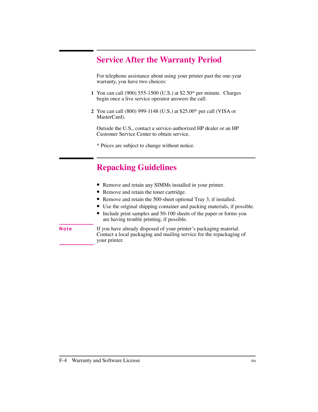 HP 5M manual Service After the Warranty Period, Repacking Guidelines 