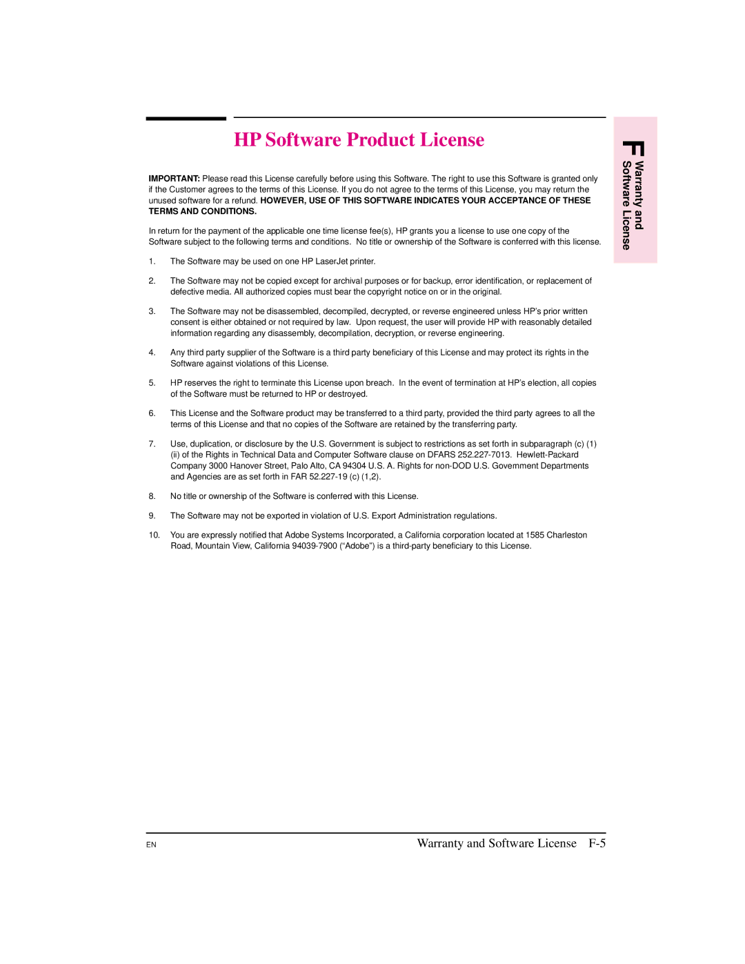 HP 5M manual HP Software Product License, Warranty and Software License F-5 