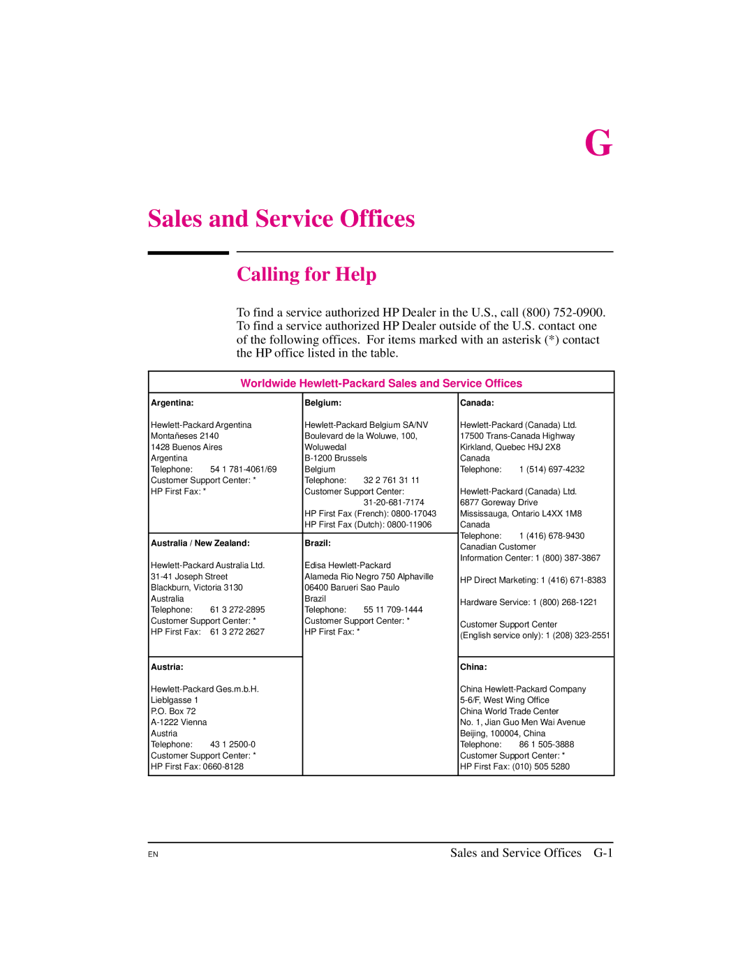 HP 5M manual Calling for Help, Sales and Service Offices G-1, Worldwide Hewlett-Packard Sales and Service Offices 