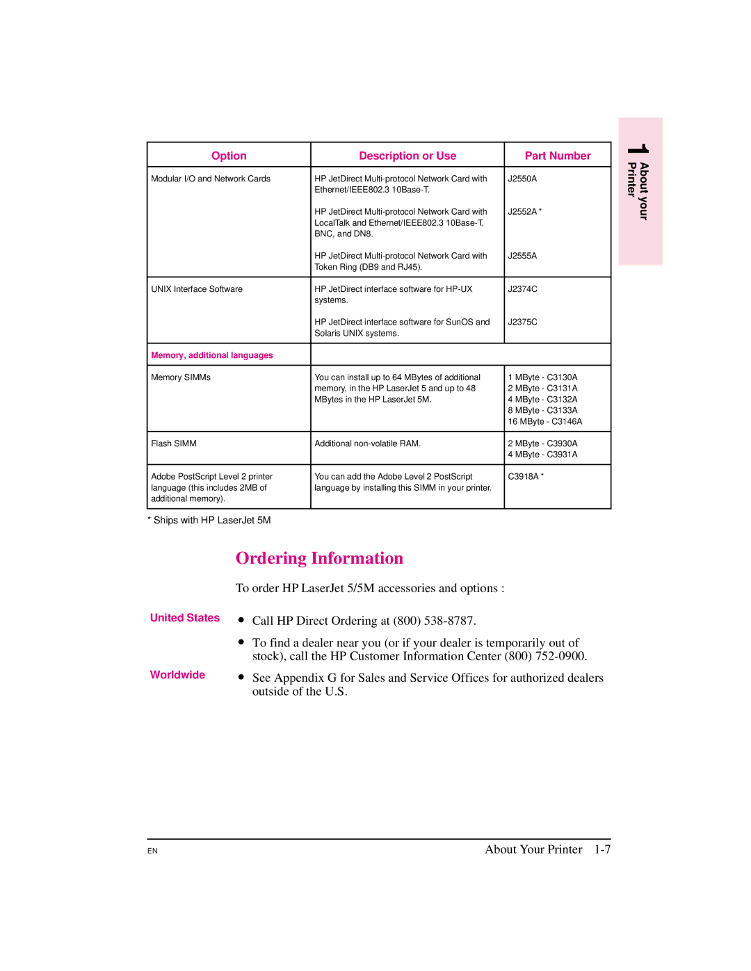 HP manual Ordering Information, To order HP LaserJet 5/5M accessories and options, Call HP Direct Ordering at 800 